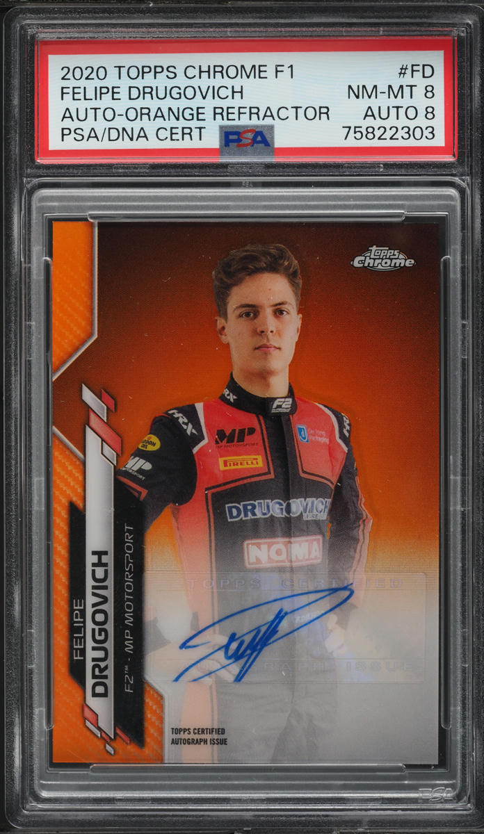 2020 Topps Chrome F1 Orange Refractor Felipe Drugovich AUTO DNA 8 /25 PSA 8