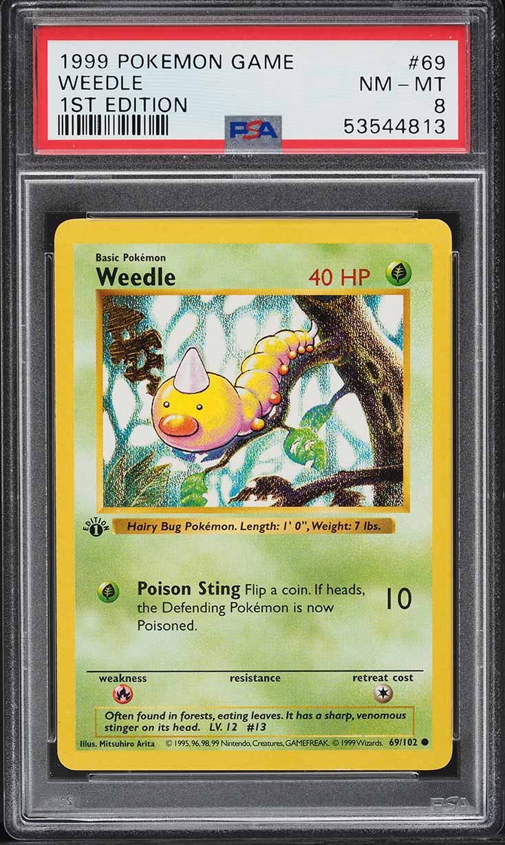 1999 Pokemon Base Set Shadowless 1st Edition Weedle #69 PSA 8 NM-MT