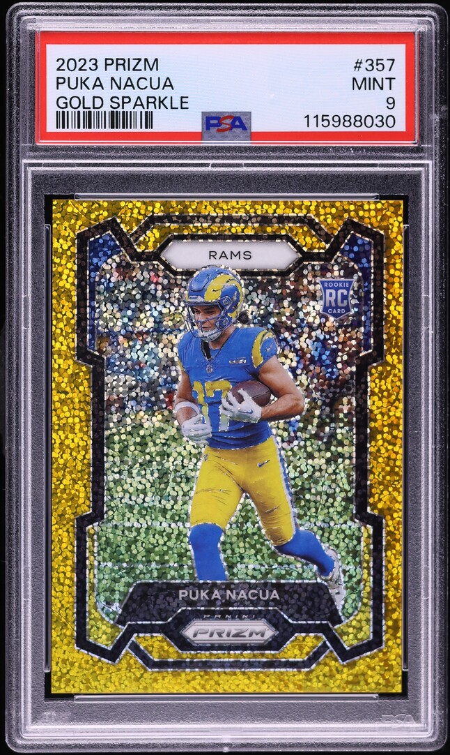 2023 Panini Prizm Gold Sparkle Puka Nacua ROOKIE /24 #357 PSA 9 MINT