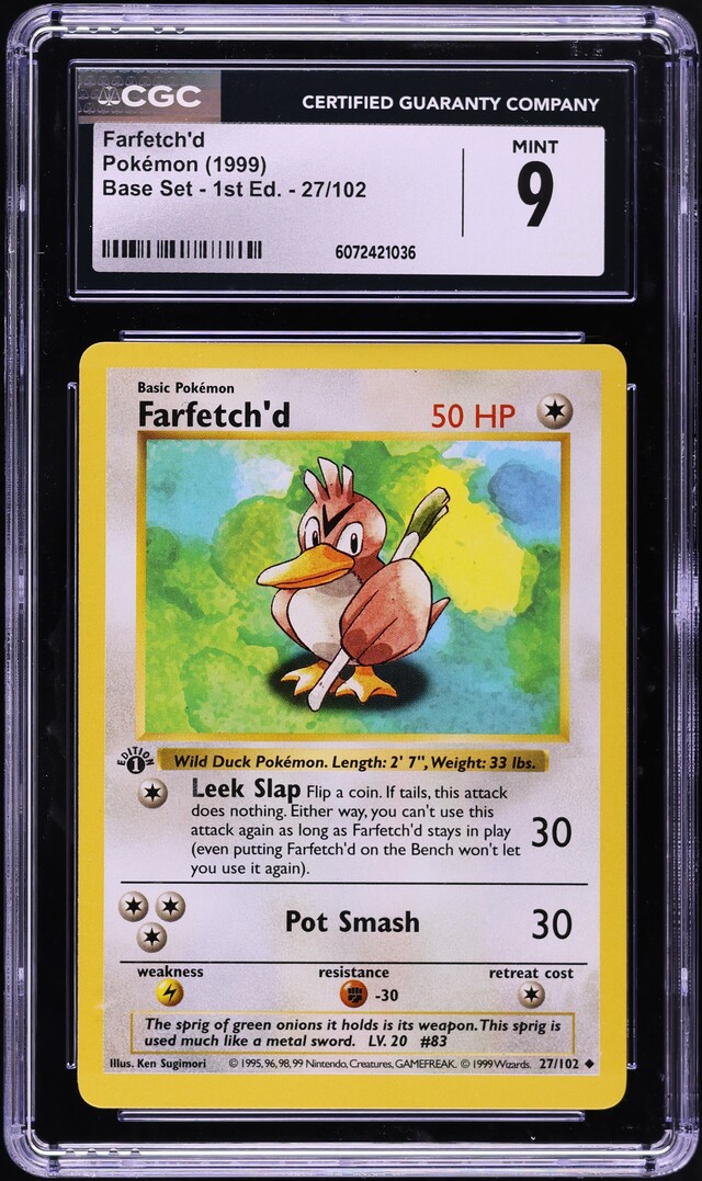 1999 Pokemon Base Set Shadowless 1st Edition Farfetch'd Canarticho #27 CGC 9
