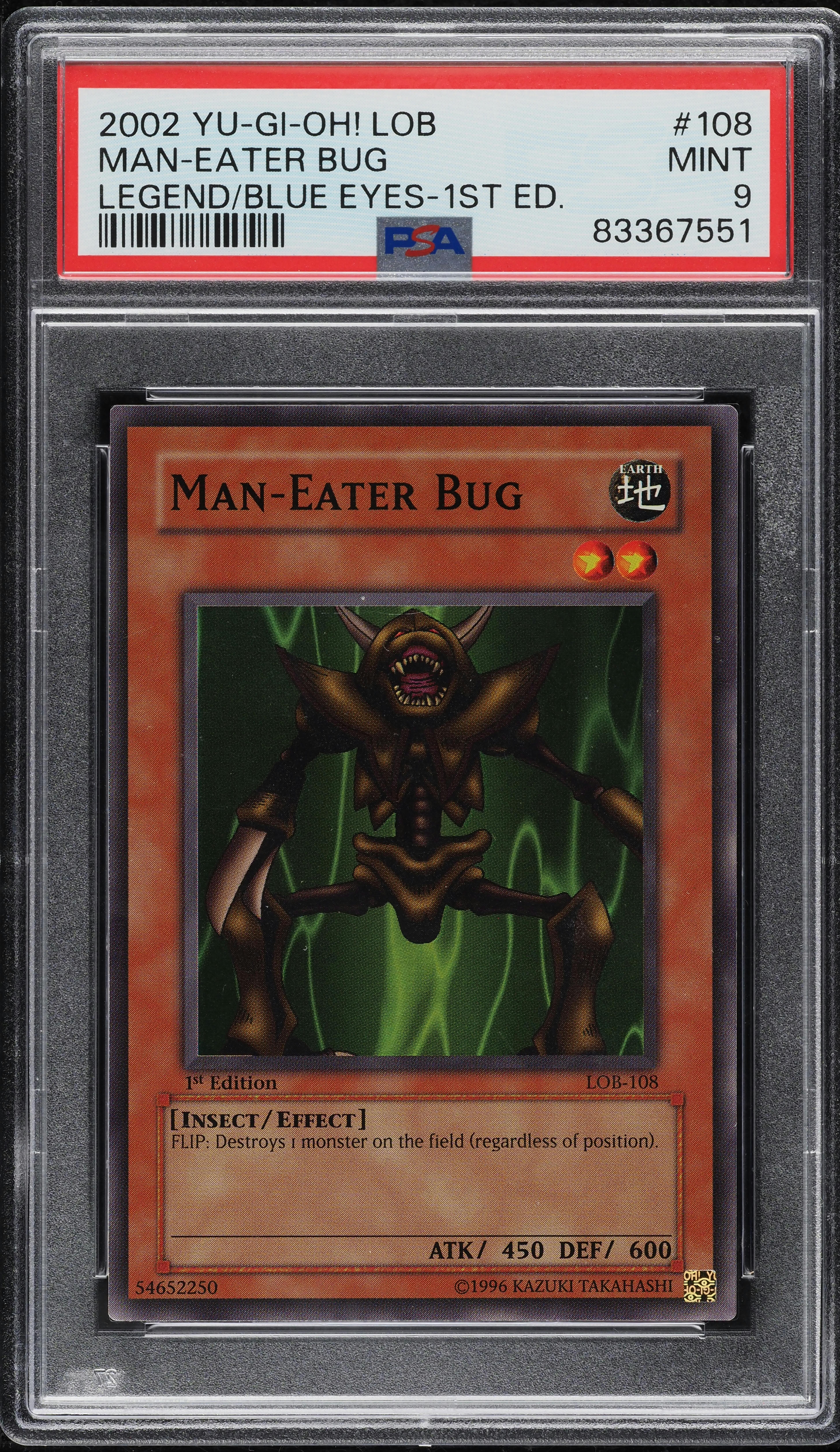 2002 Yu-Gi-Oh! Legend Of Blue Eyes 1st Edition Man-Eater Bug #LOB-108 PSA 9 MINT