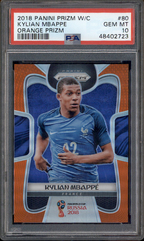 2018 Panini Prizm World Cup Orange Prizm #80 Kylian Mbappe /65 PSA 10