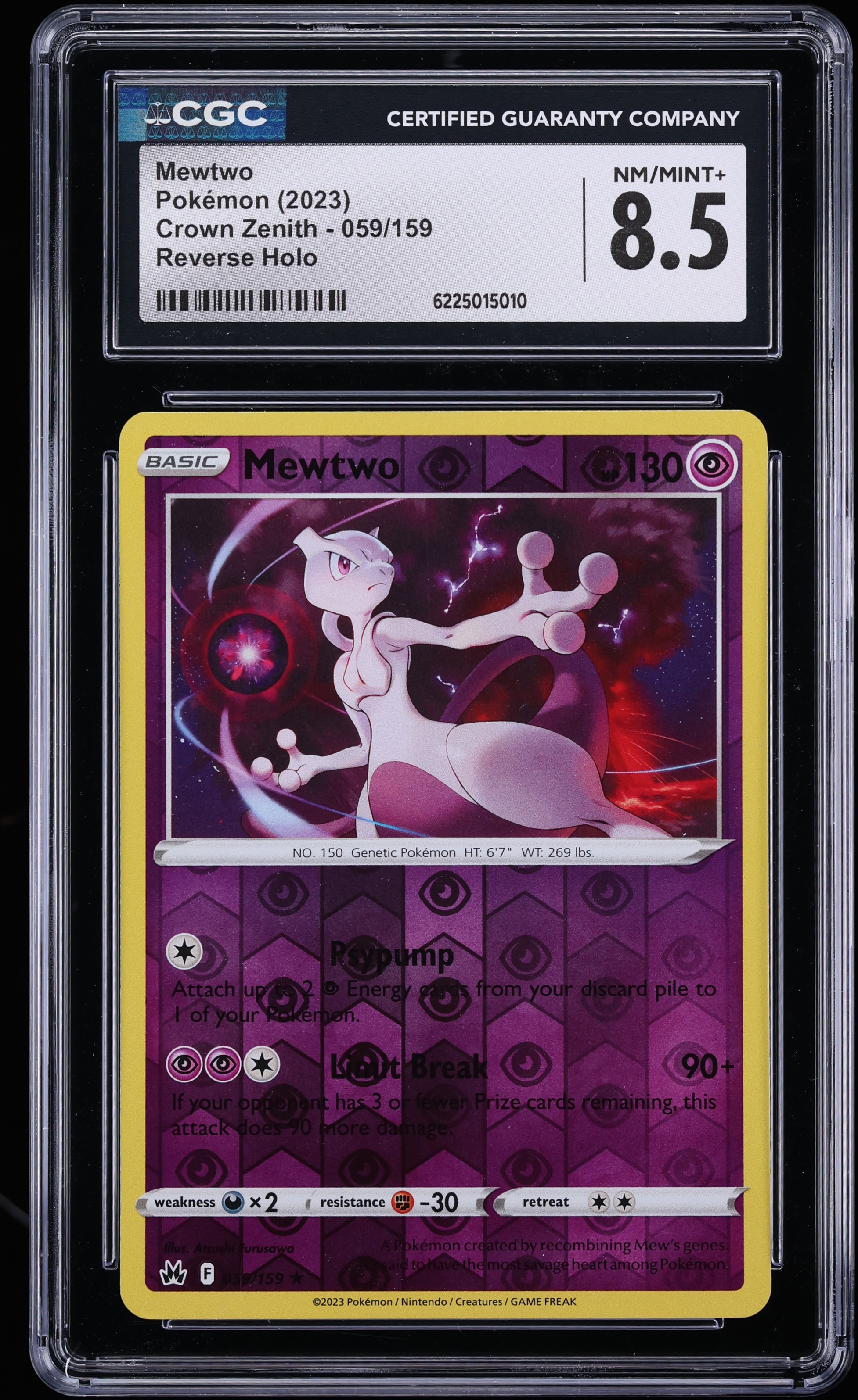 2023 Pokemon Sword & Shield Crown Zenith Reverse Holo Mewtwo #59 CGC 8.5 NM-MT+