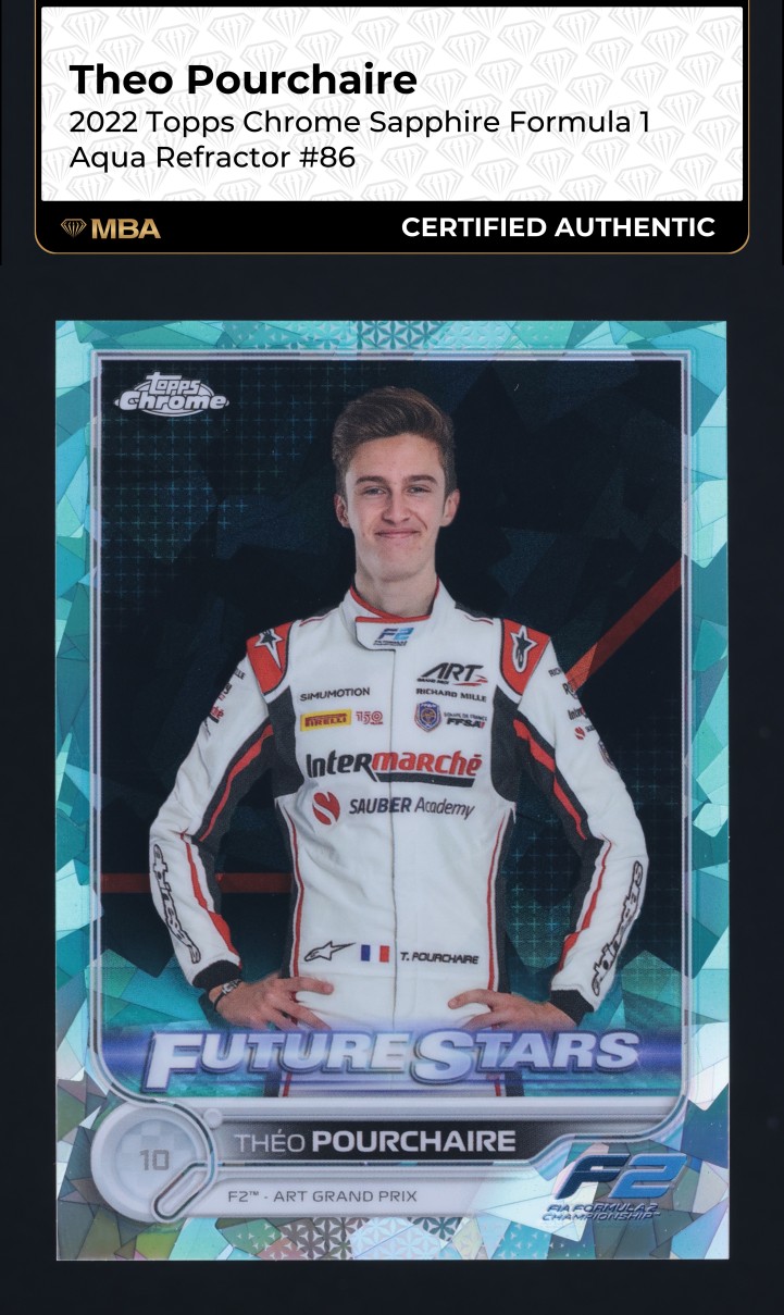 2022 Topps Chrome Sapphire Formula 1 Aqua Refractor Theo Pourchaire /99 MBA AUTH