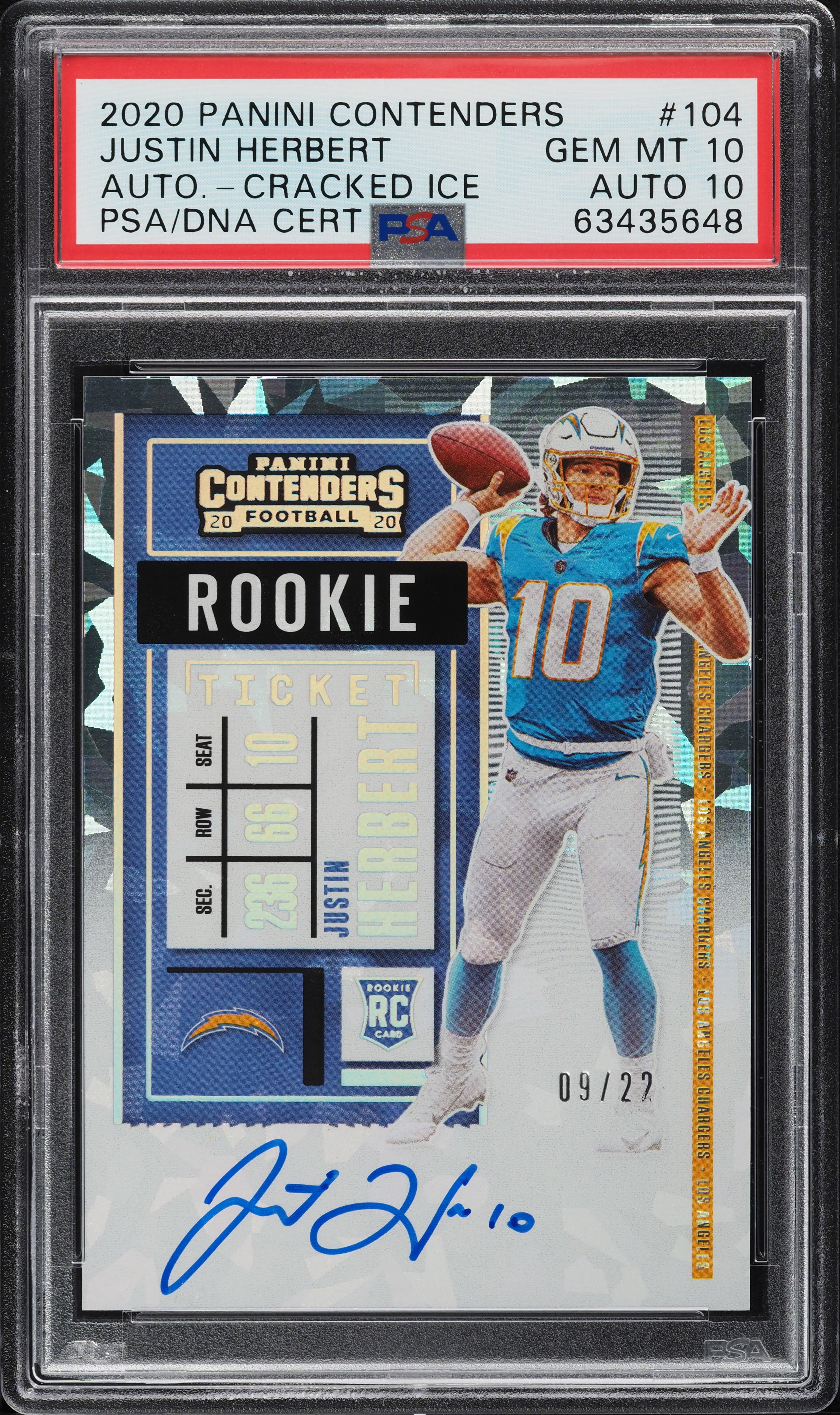 2020 Panini Contenders Cracked Ice Justin Herbert ROOKIE DNA 10 AUTO /22 PSA 10