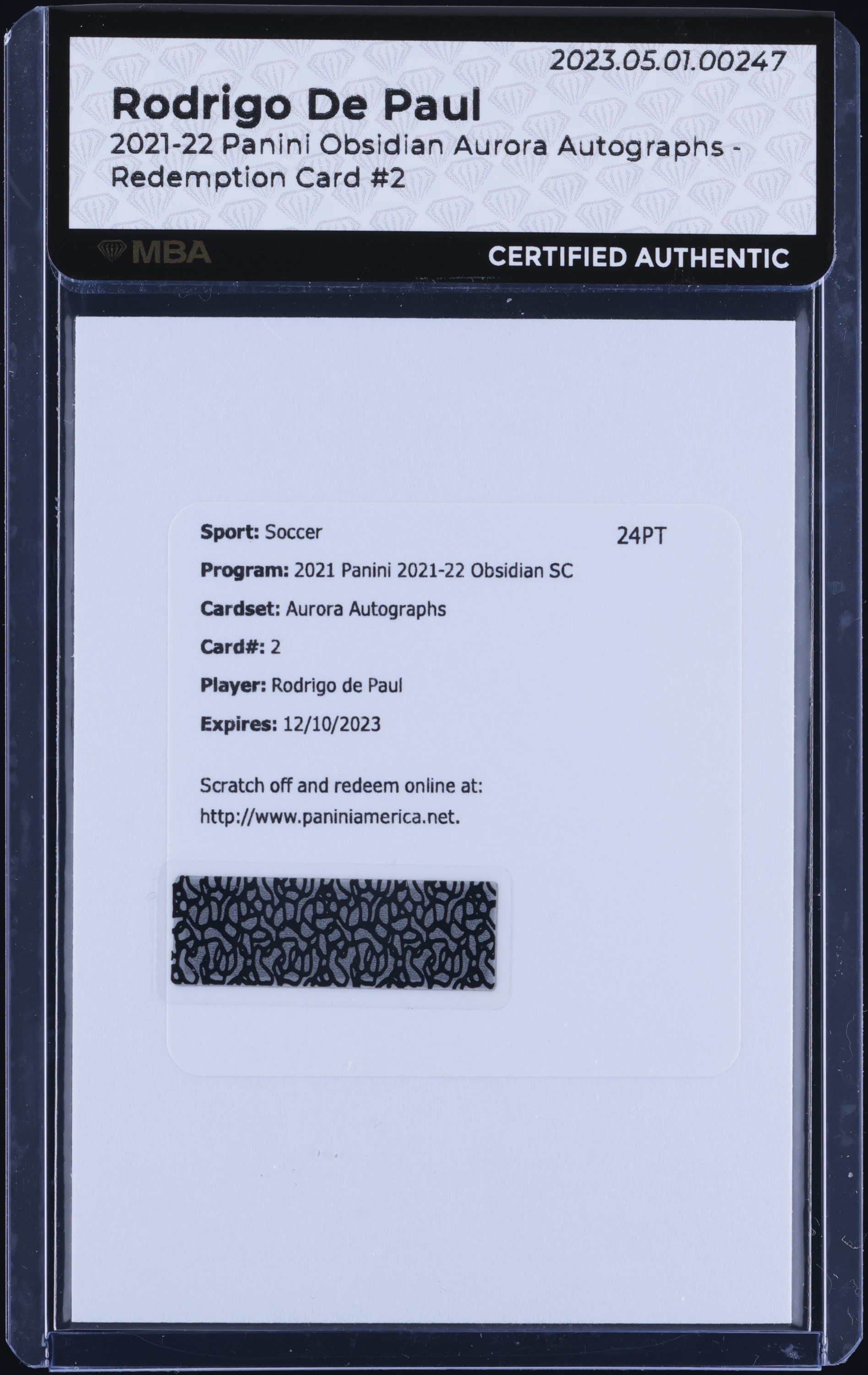 2021 Panini Obsidian Aurora Redemption Card Rodrigo De Paul #2 MBA AUTH