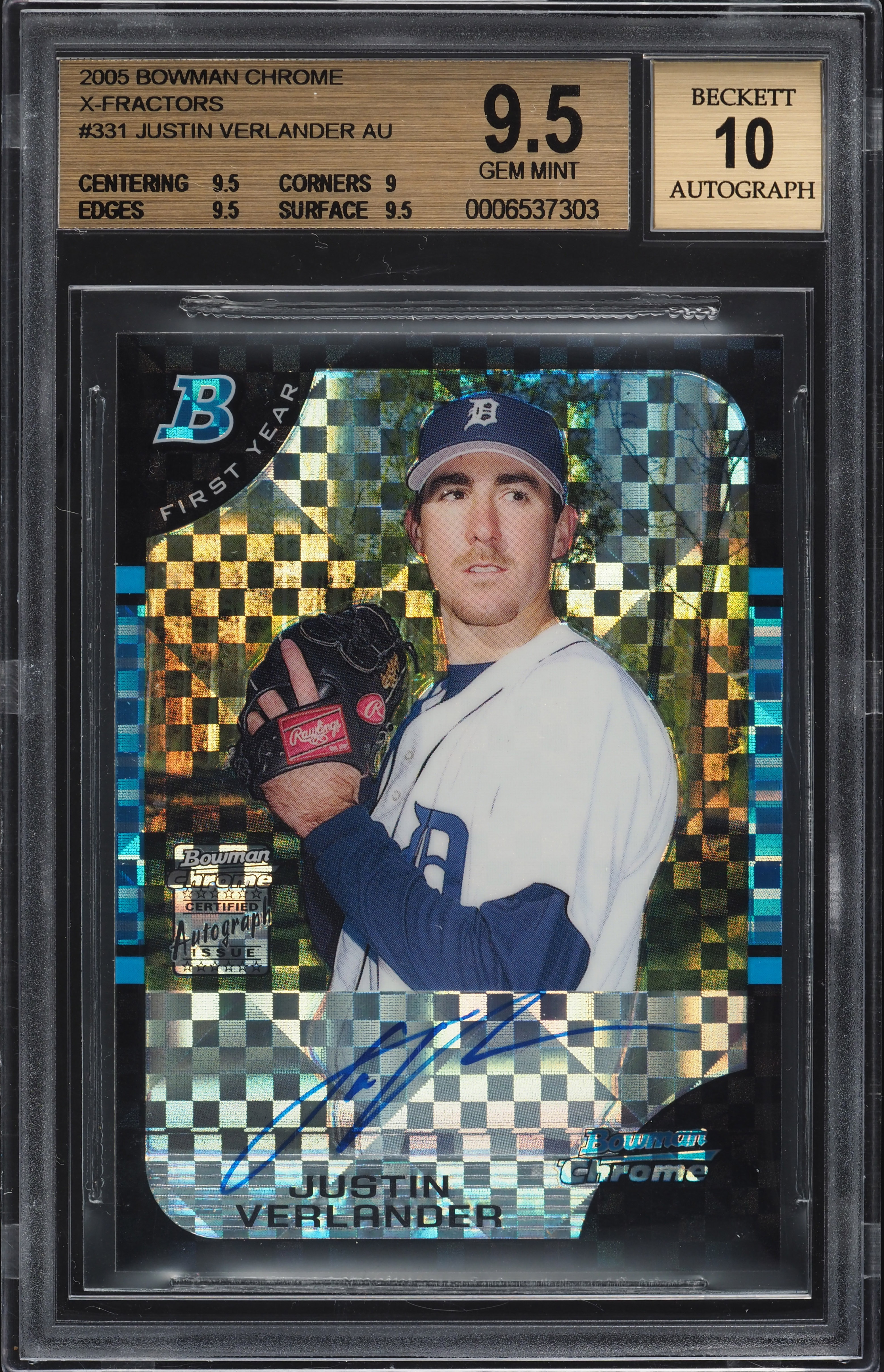 2005 Bowman Chrome Xfractor Justin Verlander ROOKIE AUTO /225 #331 BGS 9.5 GEM