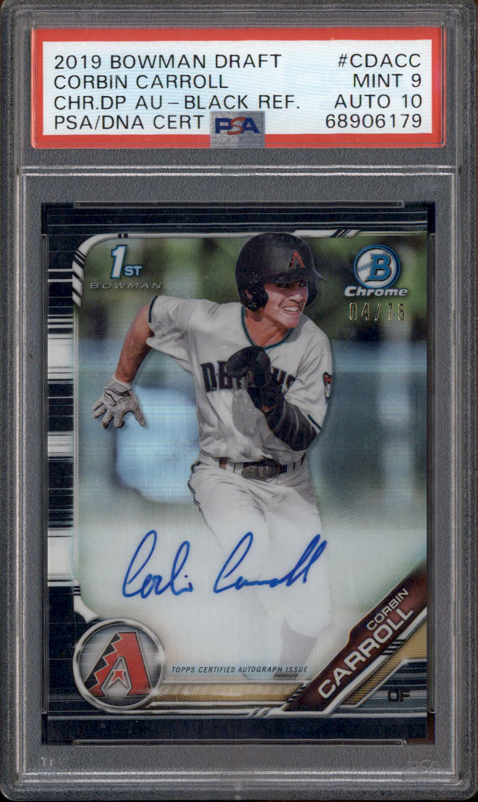 2019 Bowman Chrome Draft Autographs Black Corbin Carroll RC Auto /75 PSA 9