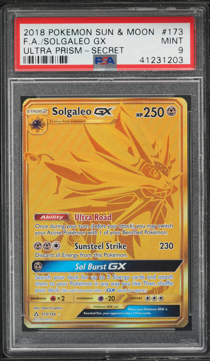2018 Pokemon Sun & Moon Ultra Prism Full Art Solgaleo GX #173 PSA 9 MINT