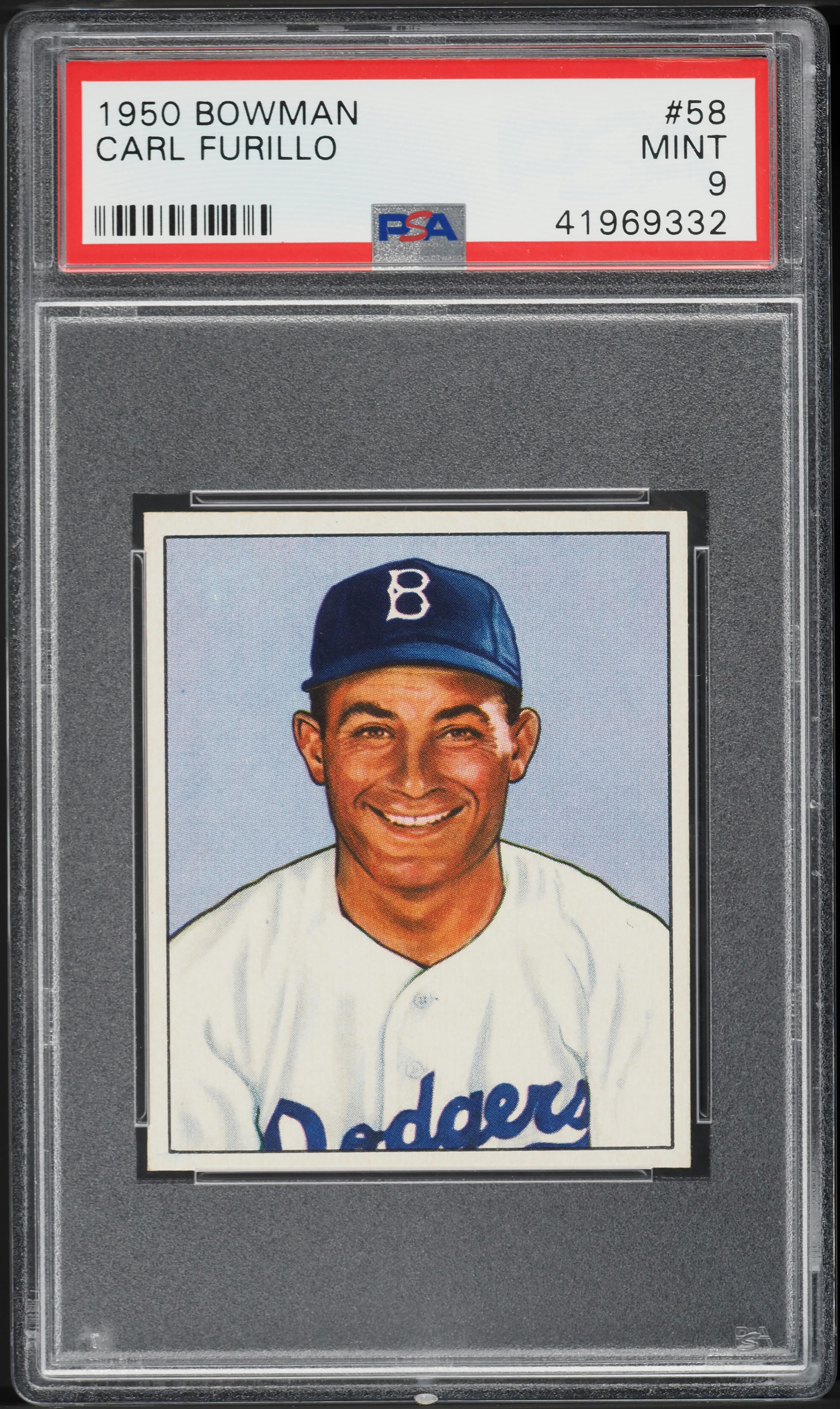 1950 Bowman Carl Furillo #58 PSA 9 MINT