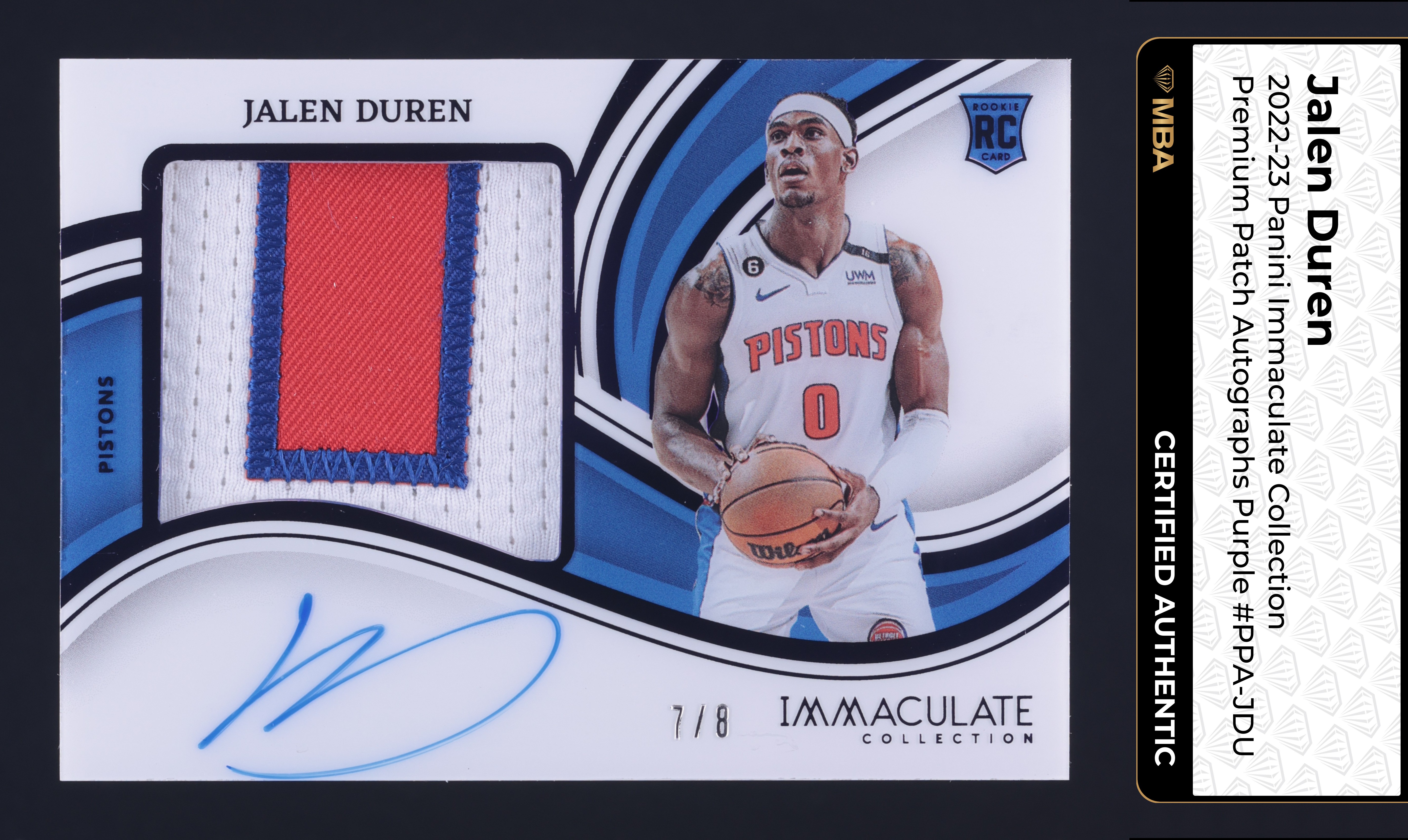 2022 Immaculate Collection Premium Purple Jalen Duren RC PATCH AUTO /8 MBA AUTH
