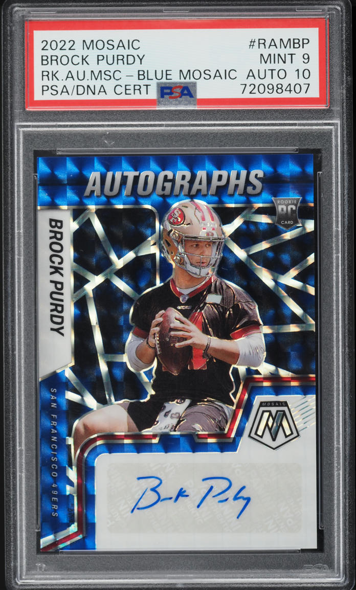 2022 Panini Mosaic Blue Brock Purdy ROOKIE AUTO DNA 10 /99 #RAMBP PSA 9 MINT