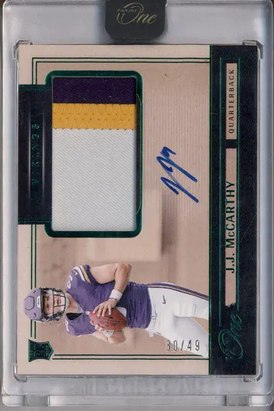 2024 Panini One Rookie Patch Autographs Green #1 J.J. McCarthy RC Auto /49
