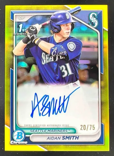 2024 Bowman Chrome Autographs Yellow Refractor #CPA-ASM Aidan Smith RC Auto /75