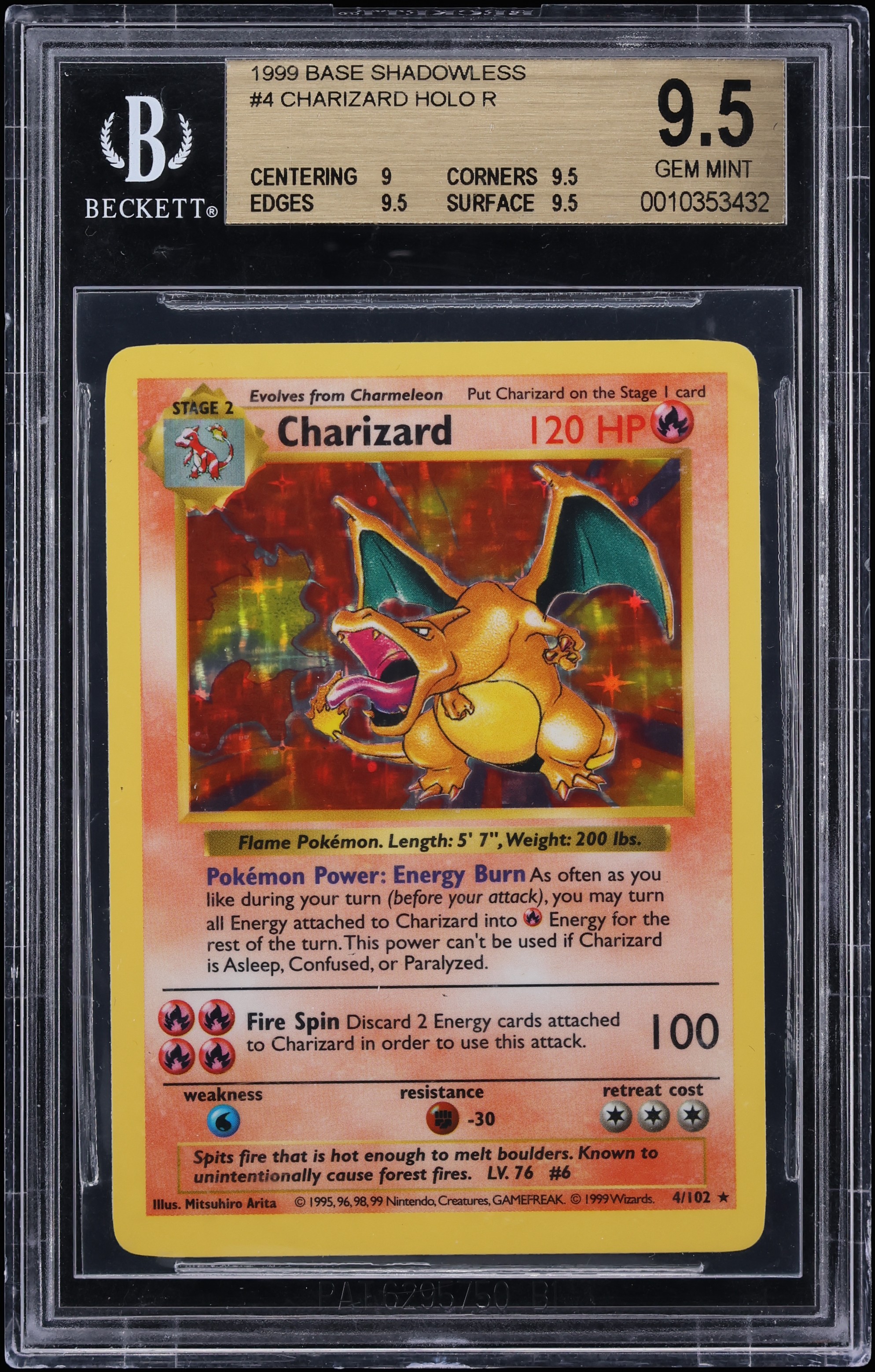 1999 Pokemon Base Set Shadowless Holo Charizard #4 BGS 9.5 GEM MINT