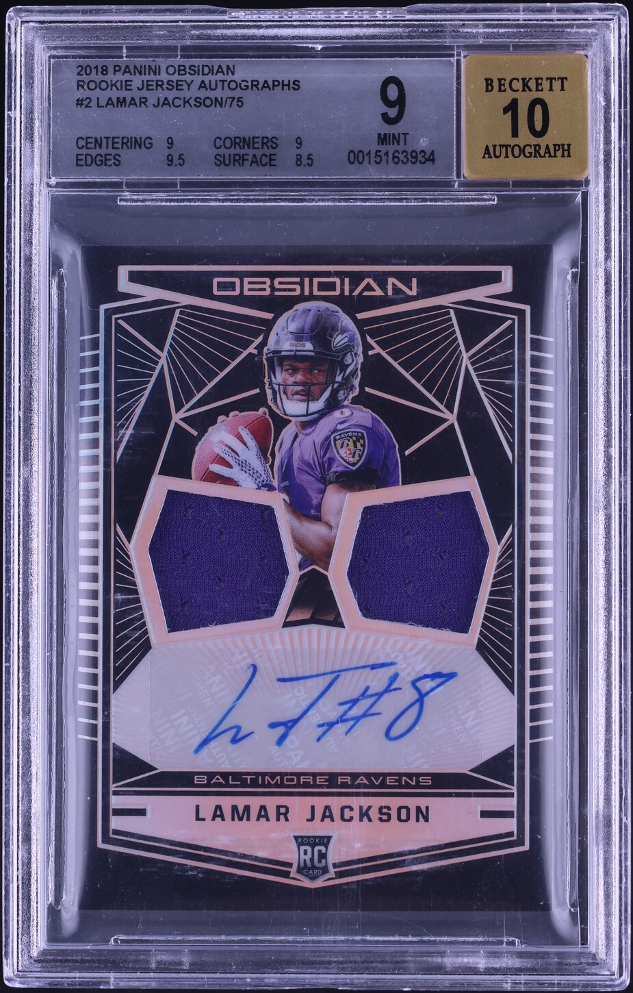 2018 Panini Obsidian Lamar Jackson ROOKIE PATCH AUTO /75 #2 BGS 9 MINT