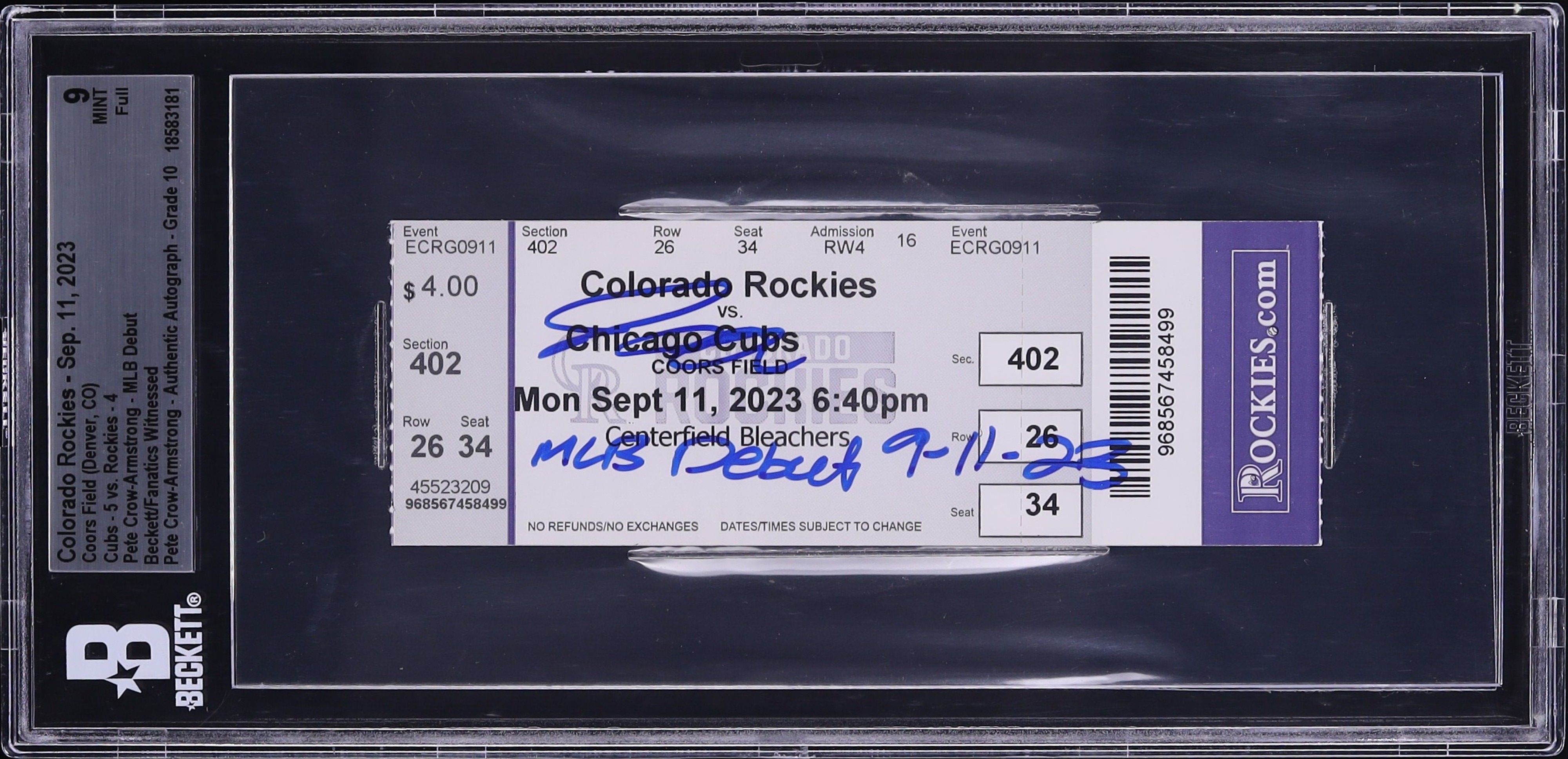 2023 Colorado Rockies Full Ticket Pete Crow-Armstrong MLB Debut AUTO BGS 9 MINT