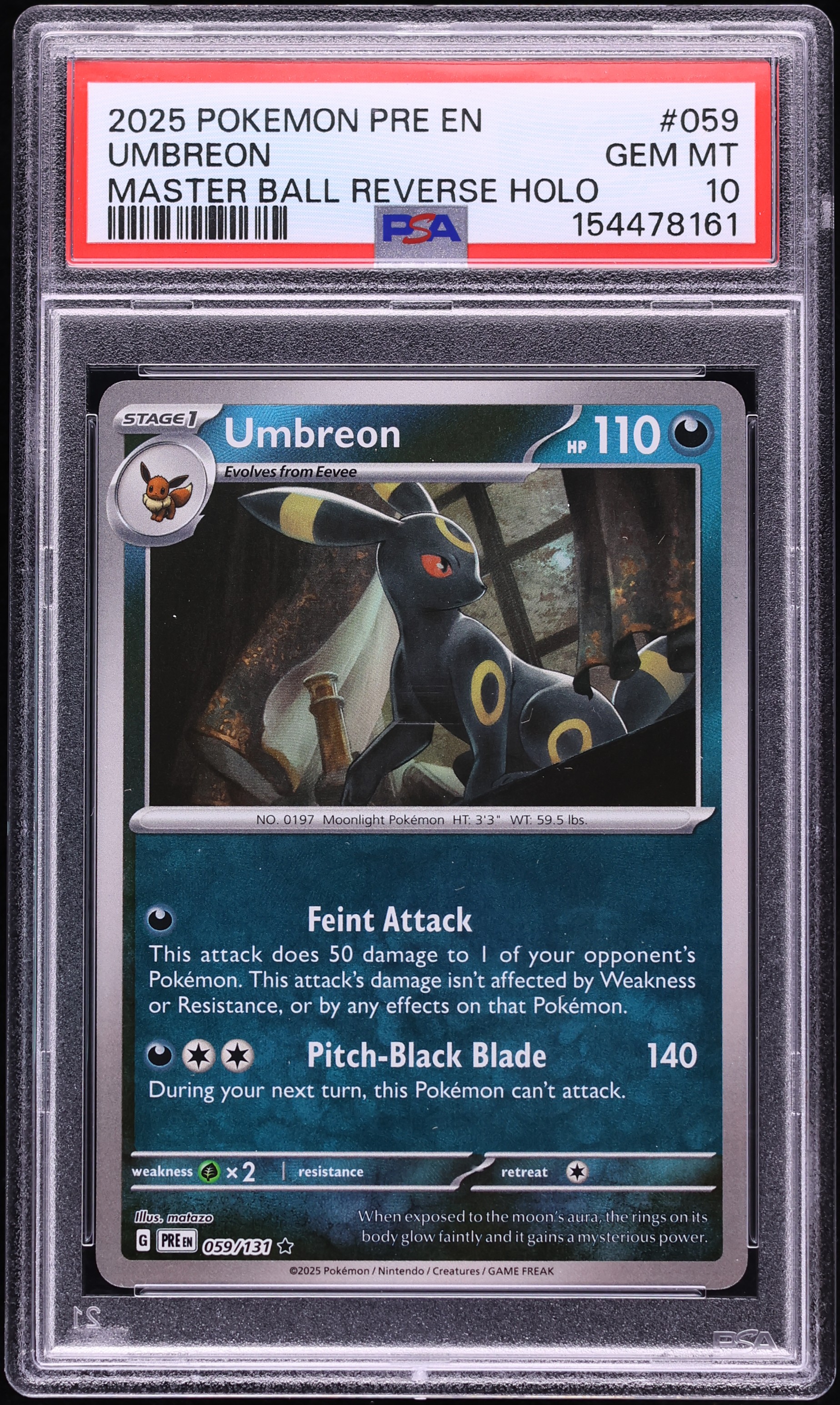 2025 Pokemon Scarlet & Violet Prismatic Evolutions Master Ball Reverse Holo Umbreon #59 PSA 10