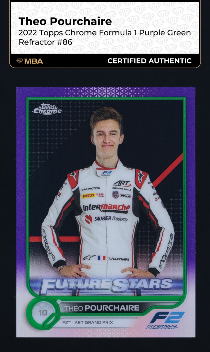 2022 Topps Chrome Formula 1 Purple Green Refractor Theo Pourchaire #86 MBA AUTH