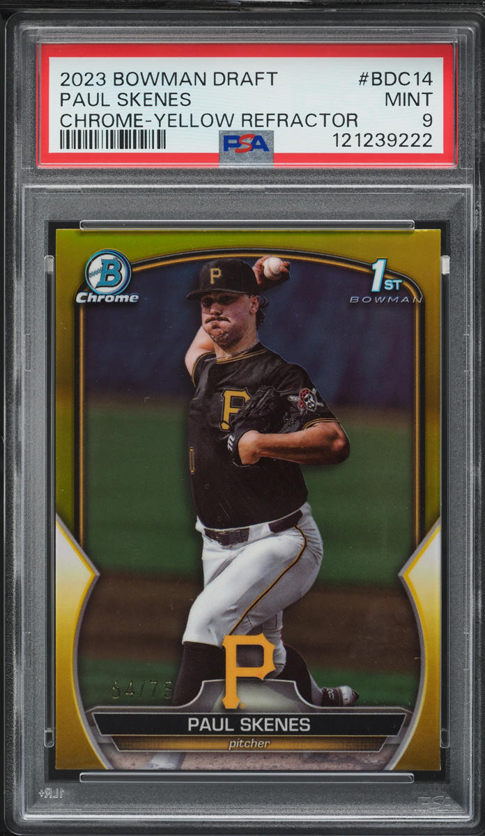 2023 Bowman Chrome Draft Yellow Ref Paul Skenes PROSPECT /75 #BDC14 PSA 9 MINT