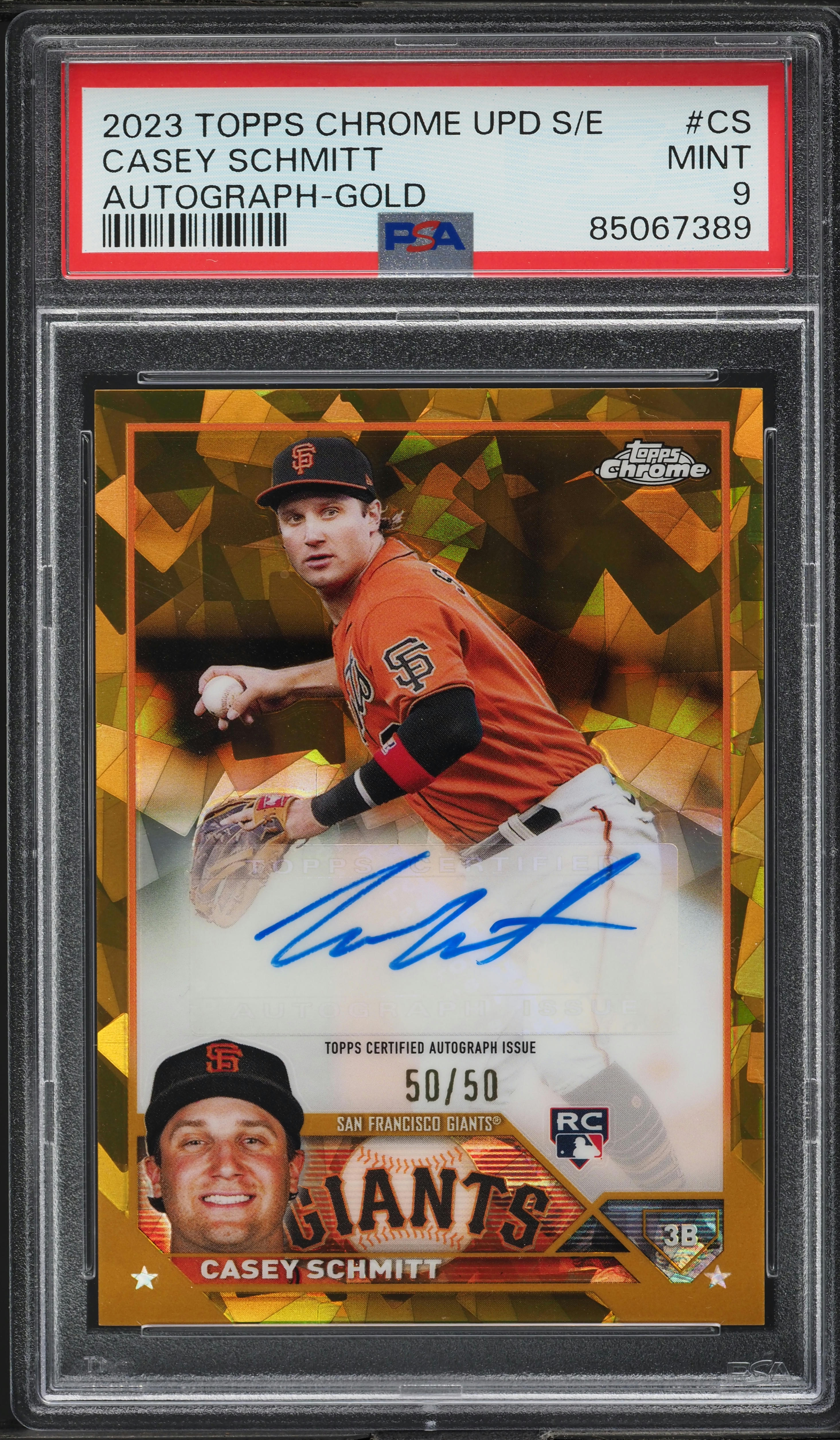 2023 Topps Chrome Update Sapphire Gold Casey Schmitt RC AUTO 50/50 #USA-CS PSA 9