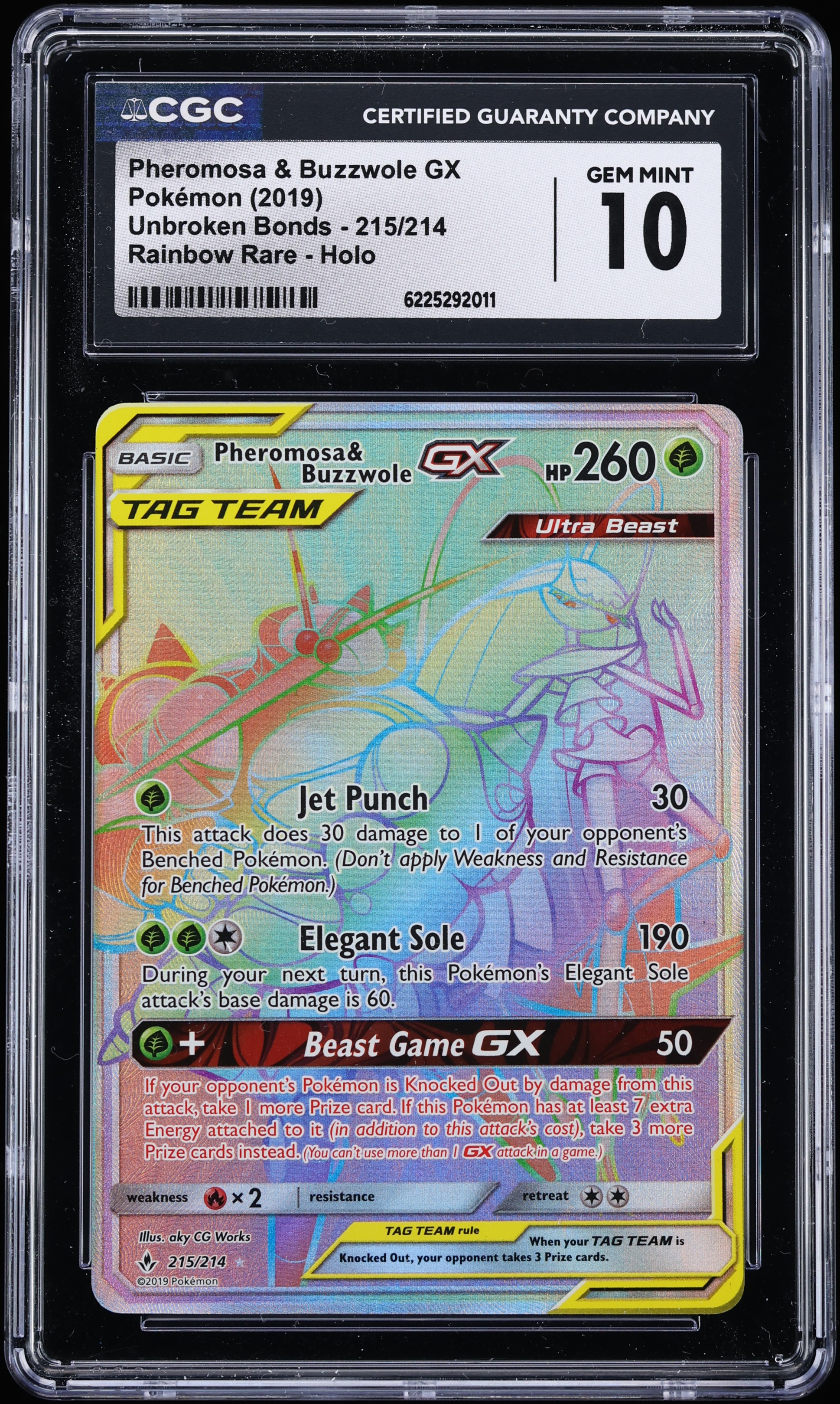 2019 Pokemon Sun & Moon Unbroken Bonds Rainbow Rare Pheromosa & Buzzwole GX #215 CGC 10 GEM