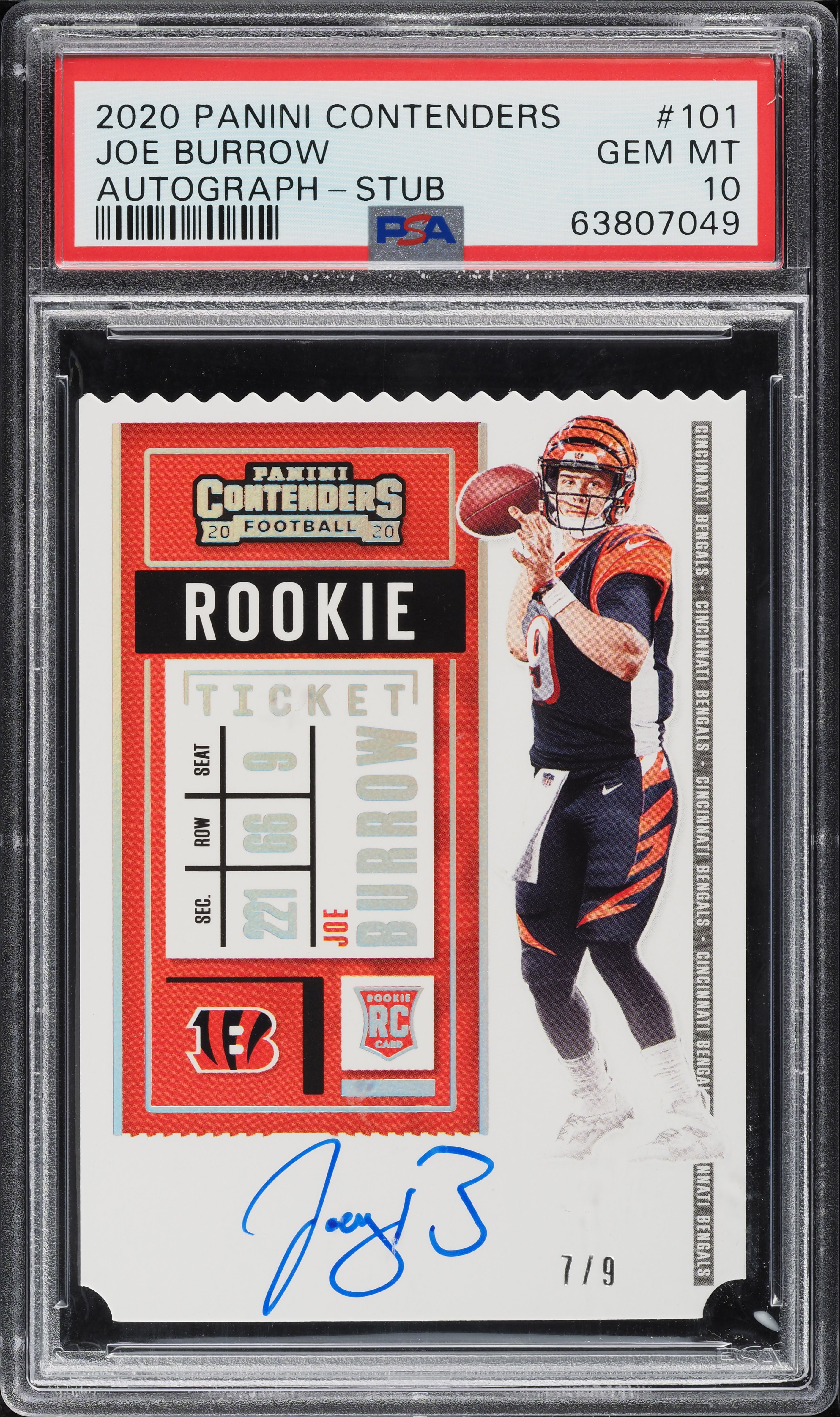 2020 Panini Contenders Ticket Stub Joe Burrow ROOKIE AUTO /9 #101 PSA 10 GEM