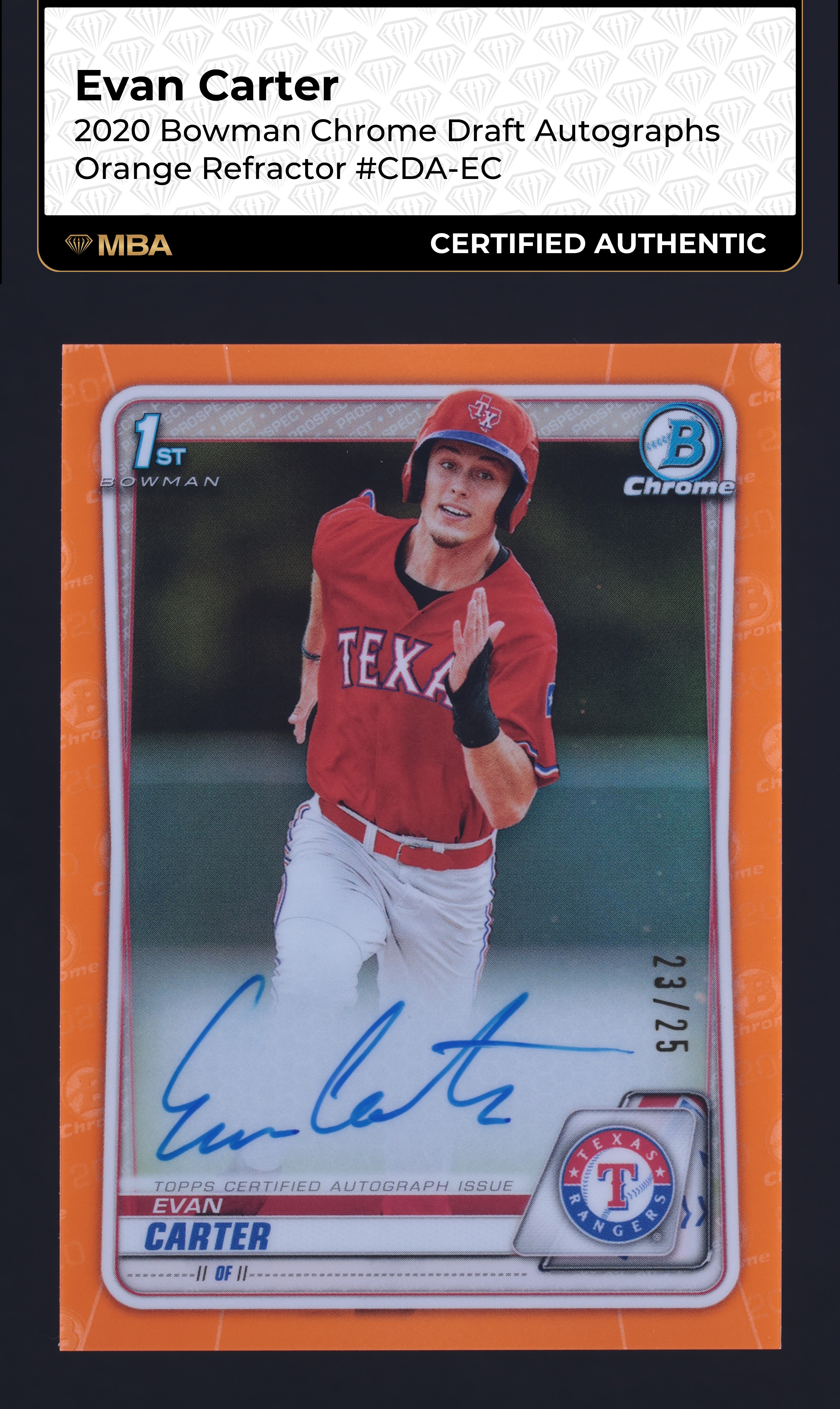 2020 Bowman Chrome Orange Refractor Evan Carter ROOKIE AUTO /25 #CDA-EC MBA AUTH