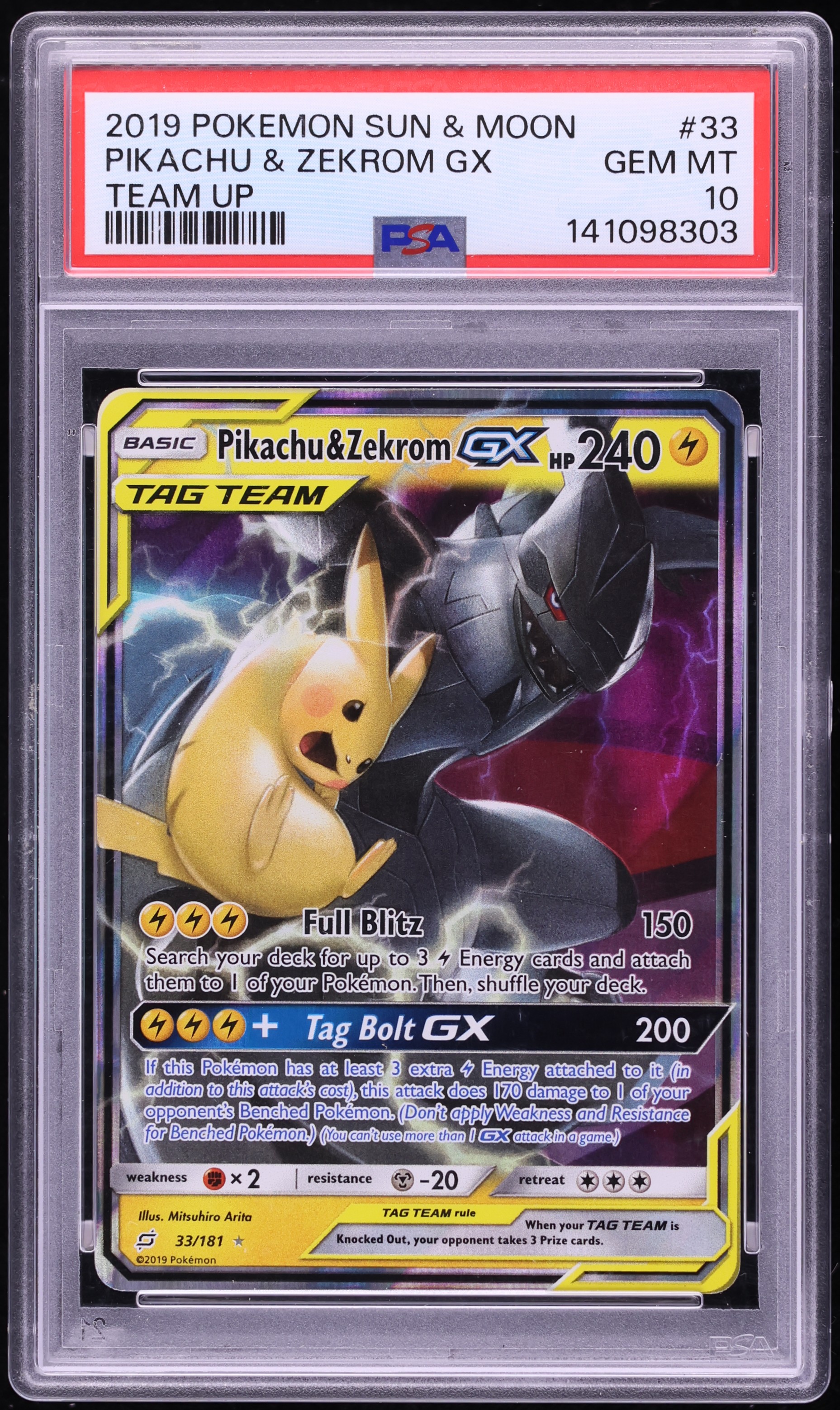 2019 Pokemon Sun & Moon Team Up Holo Pikachu & Zekrom GX #33 PSA 10 GEM MINT
