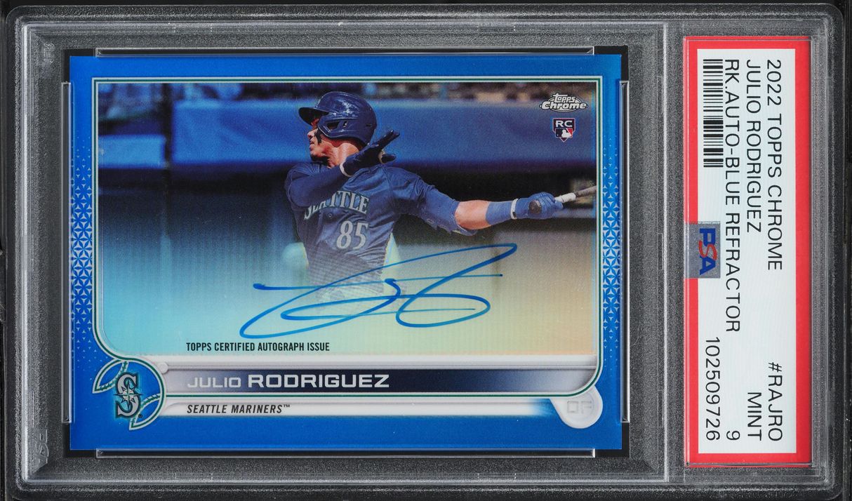 2022 Topps Chrome Blue Refractor Julio Rodriguez ROOKIE AUTO /150 #RAJRO PSA 9
