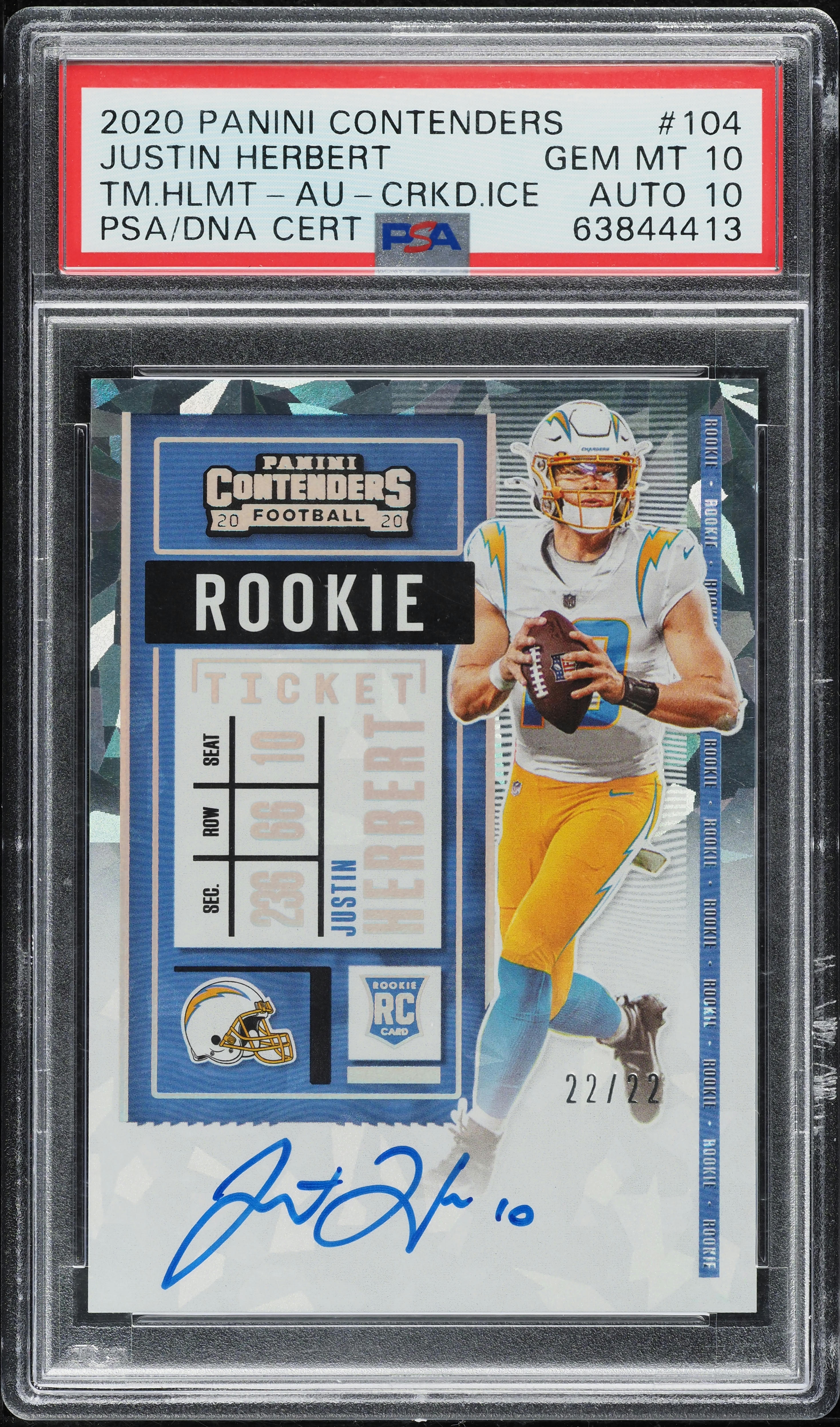 2020 Panini Contenders Cracked Ice Justin Herbert RC AUTO DNA 10 22/22 PSA 10