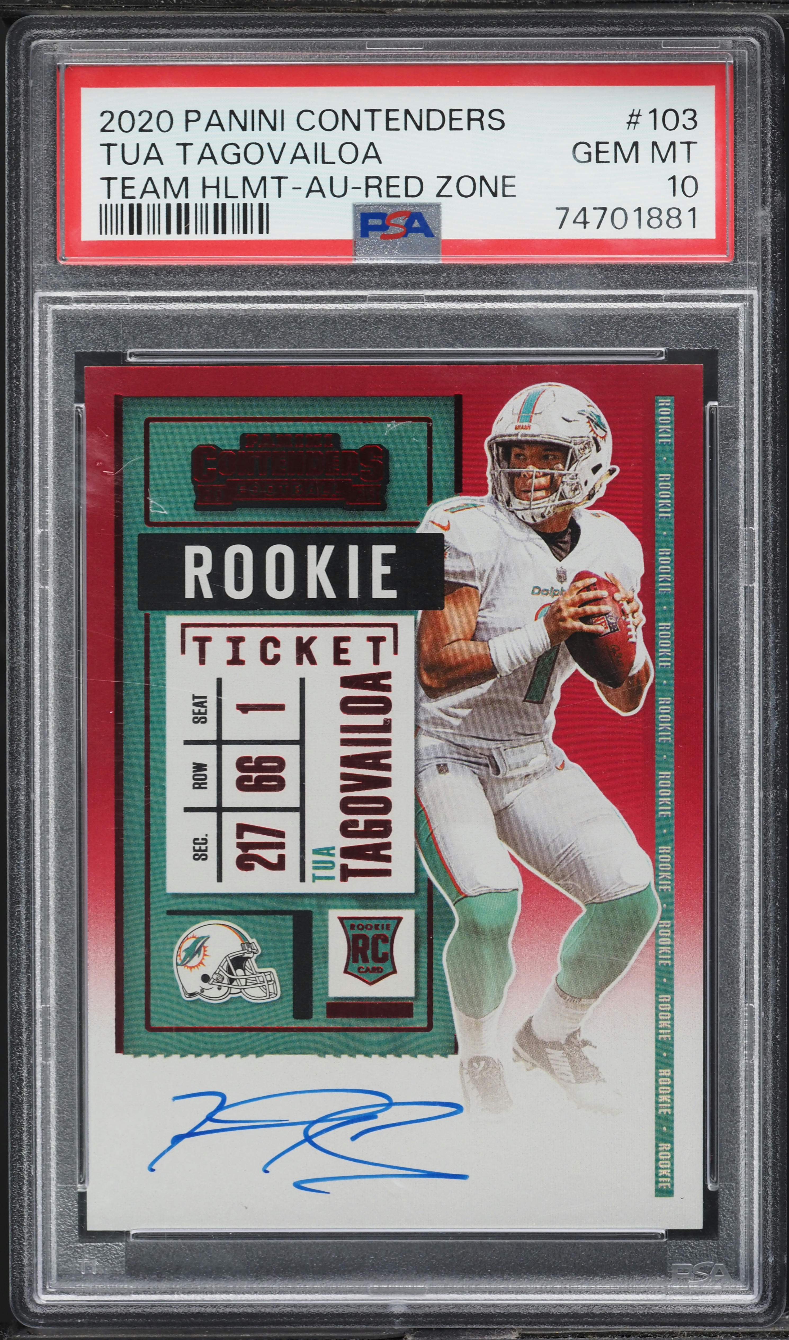 2020 Panini Contenders Red Zone Tua Tagovailoa ROOKIE AUTO #103 PSA 10 GEM MINT