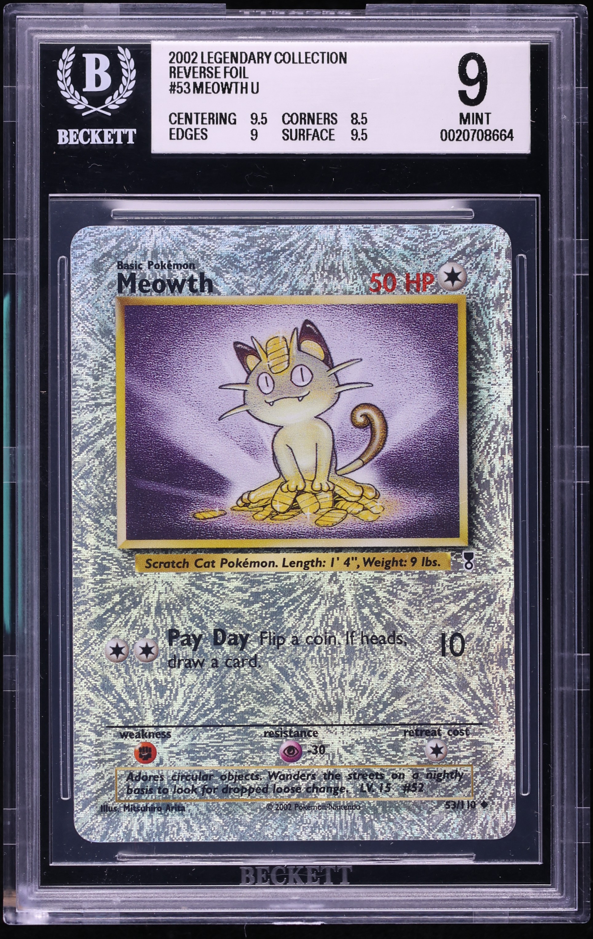 2002 Pokemon Legendary Collection Reverse Holo Meowth #53 BGS 9 MINT