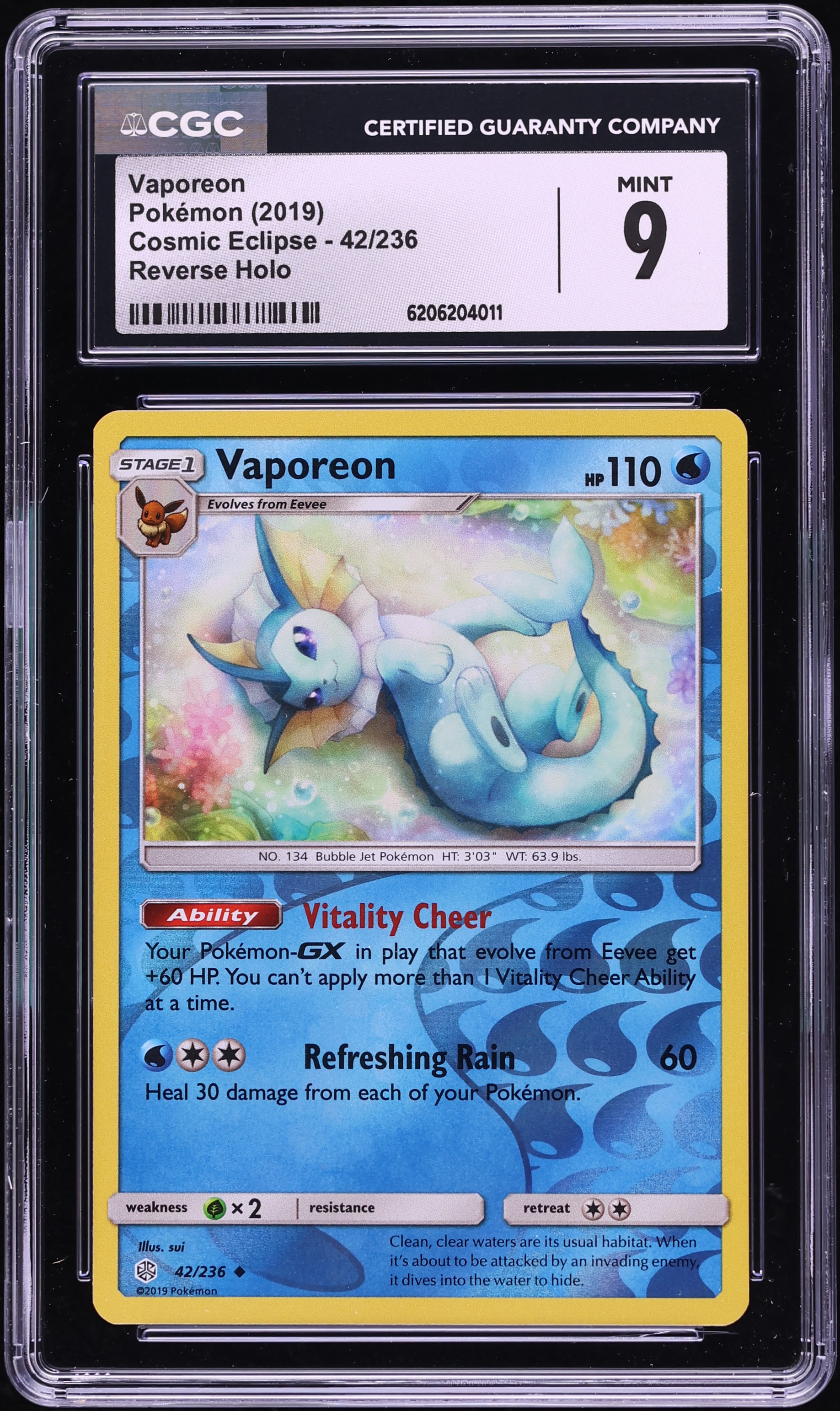 2019 Pokemon Sun & Moon Cosmic Eclipse Reverse Holo Vaporeon #42 CGC 9 MINT