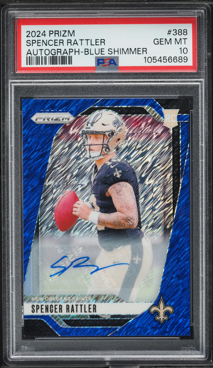 2024 Panini Prizm Blue Shimmer Spencer Rattler ROOKIE AUTO /25 #388 PSA 10 GEM