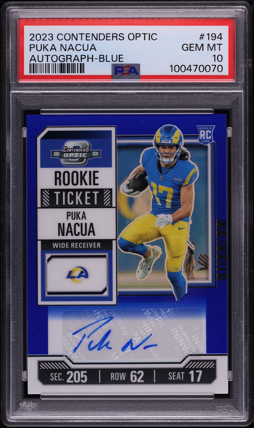 2023 Panini Contenders Optic Blue Puka Nacua ROOKIE AUTO /75 #194 PSA 10 GEM