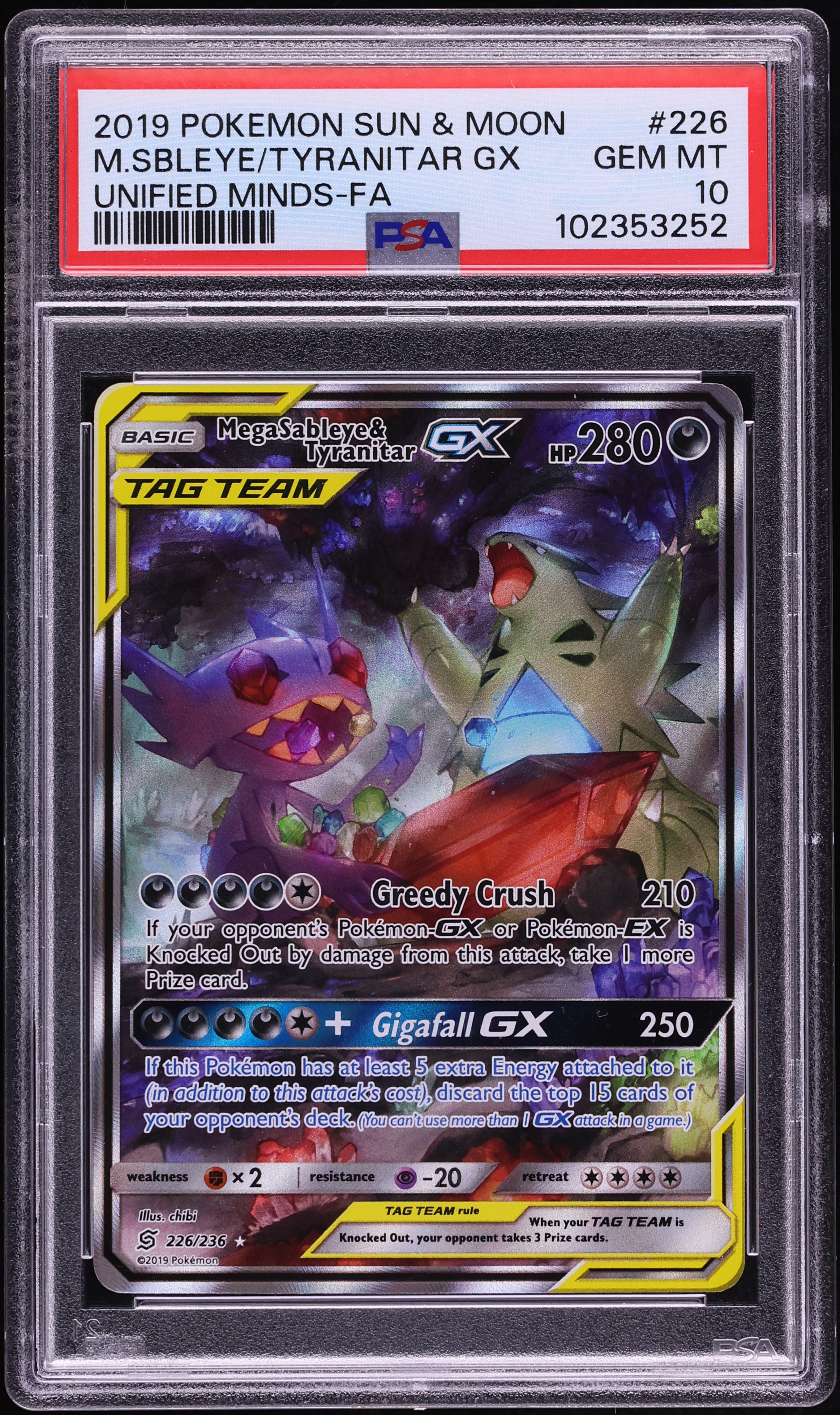 2019 Pokemon Sun & Moon Unified Minds Full Art Mega Sableye & Tyranitar GX #226 PSA 10 GEM MINT