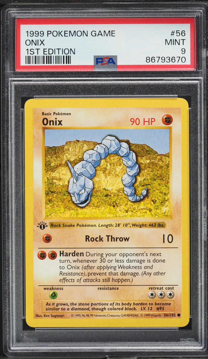 1999 Pokemon Base Set Shadowless 1st Edition Onix #56 PSA 9 MINT
