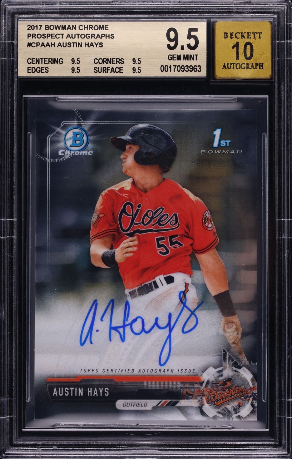 2017 Bowman Chrome Prospect Austin Hays ROOKIE AUTO #CPAAH BGS 9.5 GEM MINT