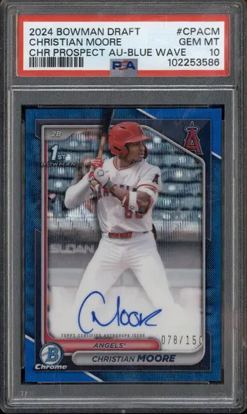 2024 Bowman Draft Chrome Auto Blue Wave #CPACM Christian Moore RC /150 PSA 10