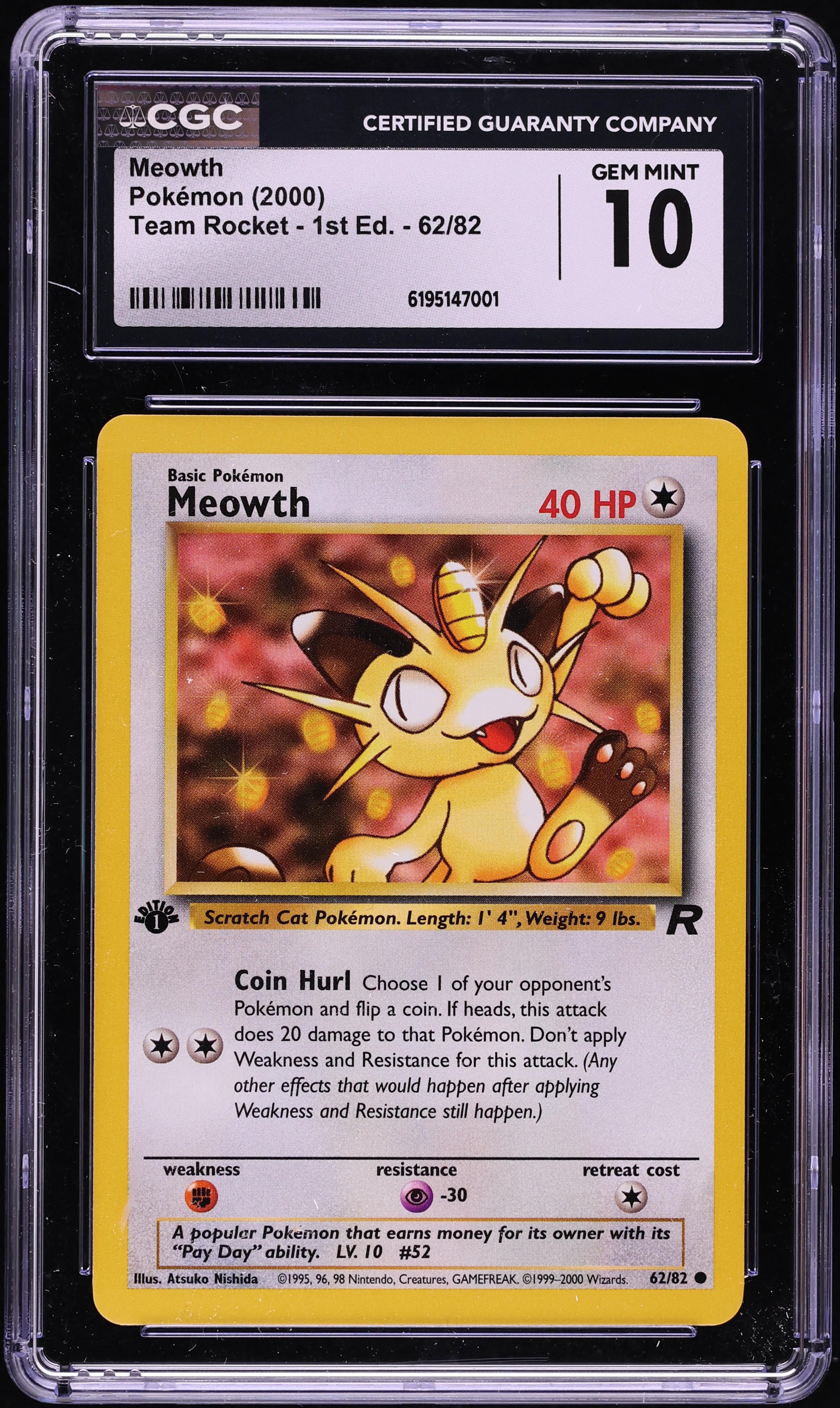 2000 Pokemon Team Rocket 1st Edition Meowth #62 CGC 10 GEM MINT