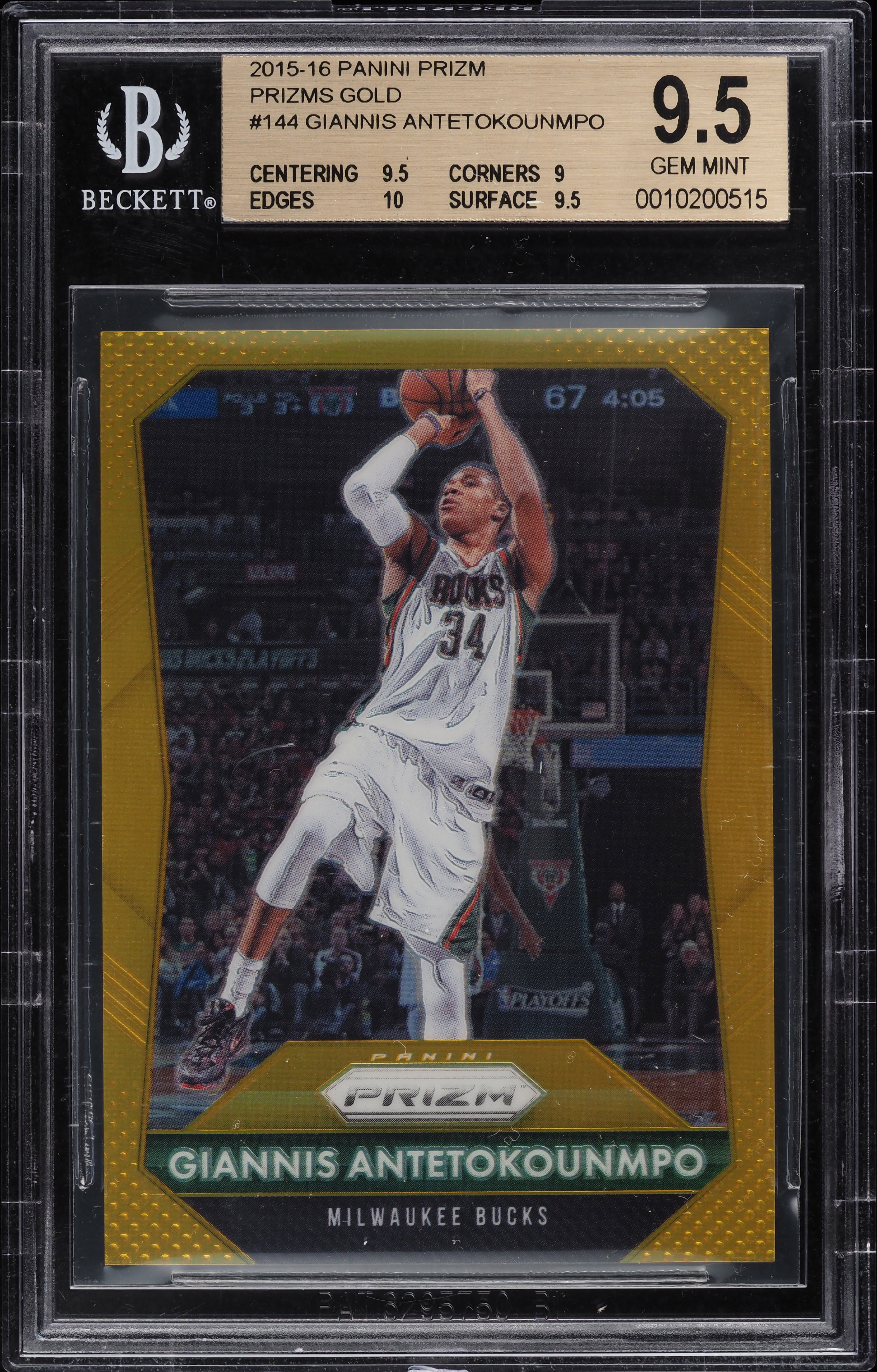 2015 Panini Prizm Gold Giannis Antetokounmpo /10 #144 BGS 9.5 GEM MINT
