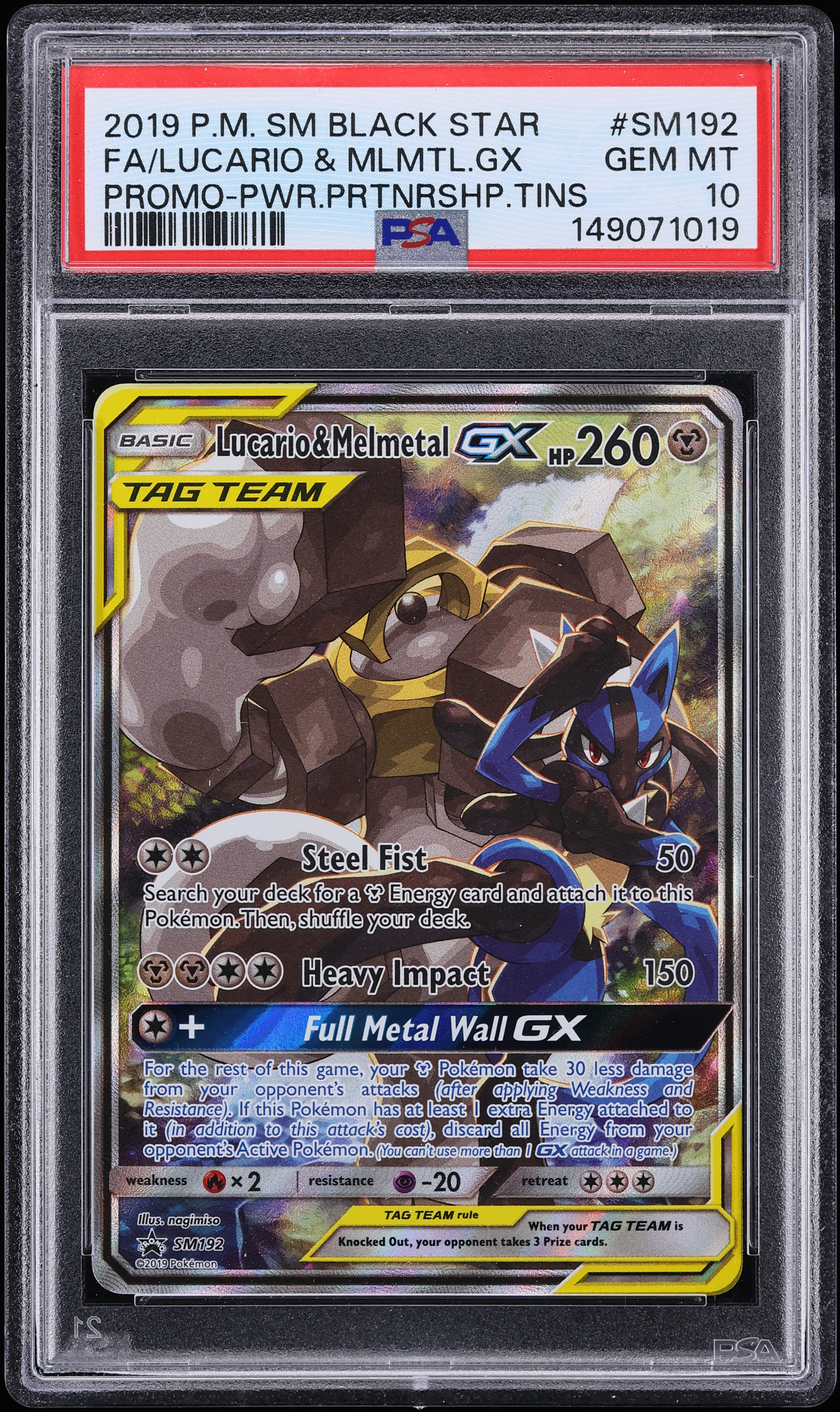 2019 Pokemon SM Promo Power Partnership Tins Full Art Lucario Melmetal GX #SM192 PSA 10 GEM