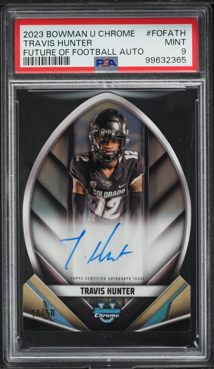 2023 Bowman University Chrome Future Of Football Travis Hunter AUTO /50 PSA 9