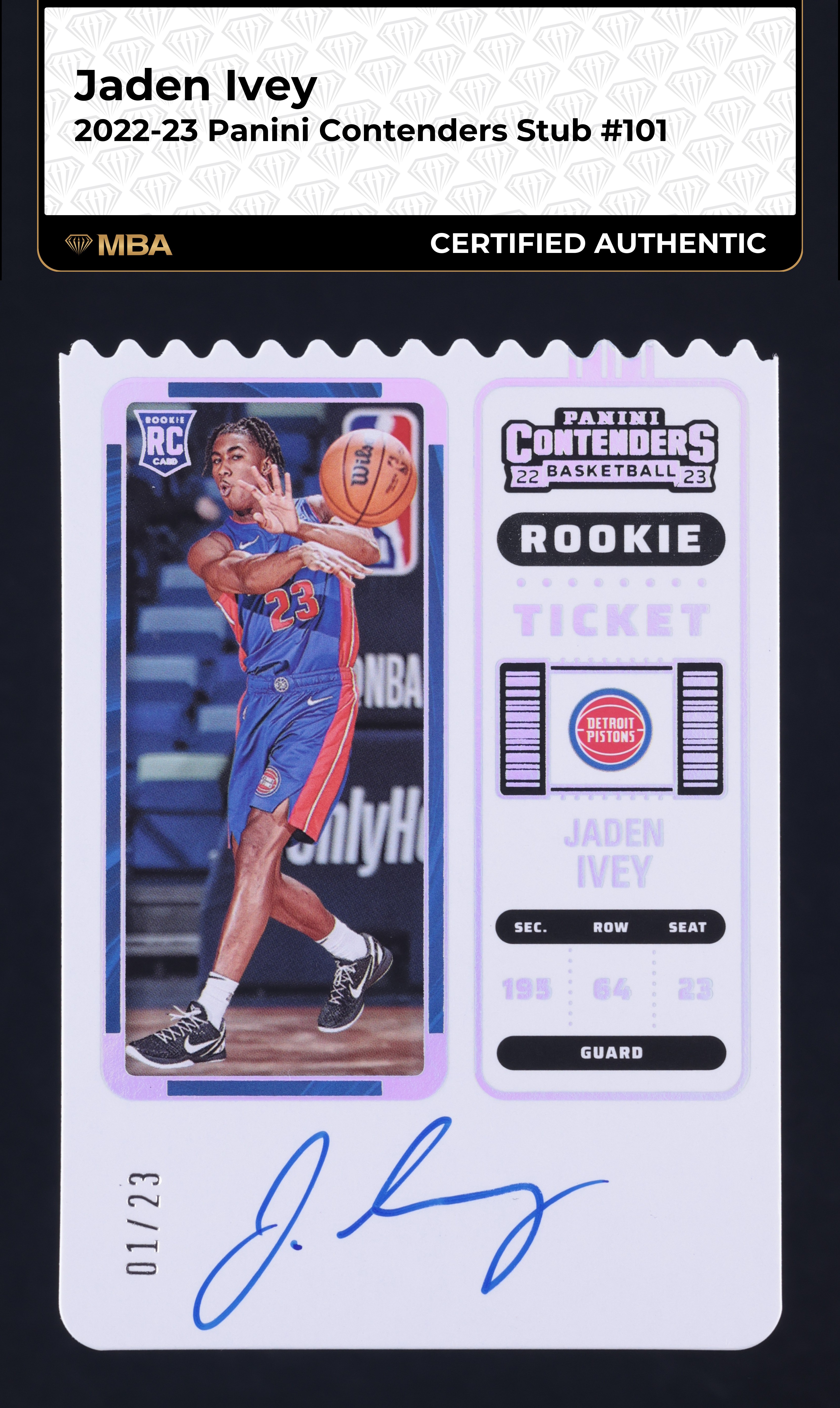 2022 Panini Contenders Stub Jaden Ivey ROOKIE AUTO 1/23 #101 MBA AUTH