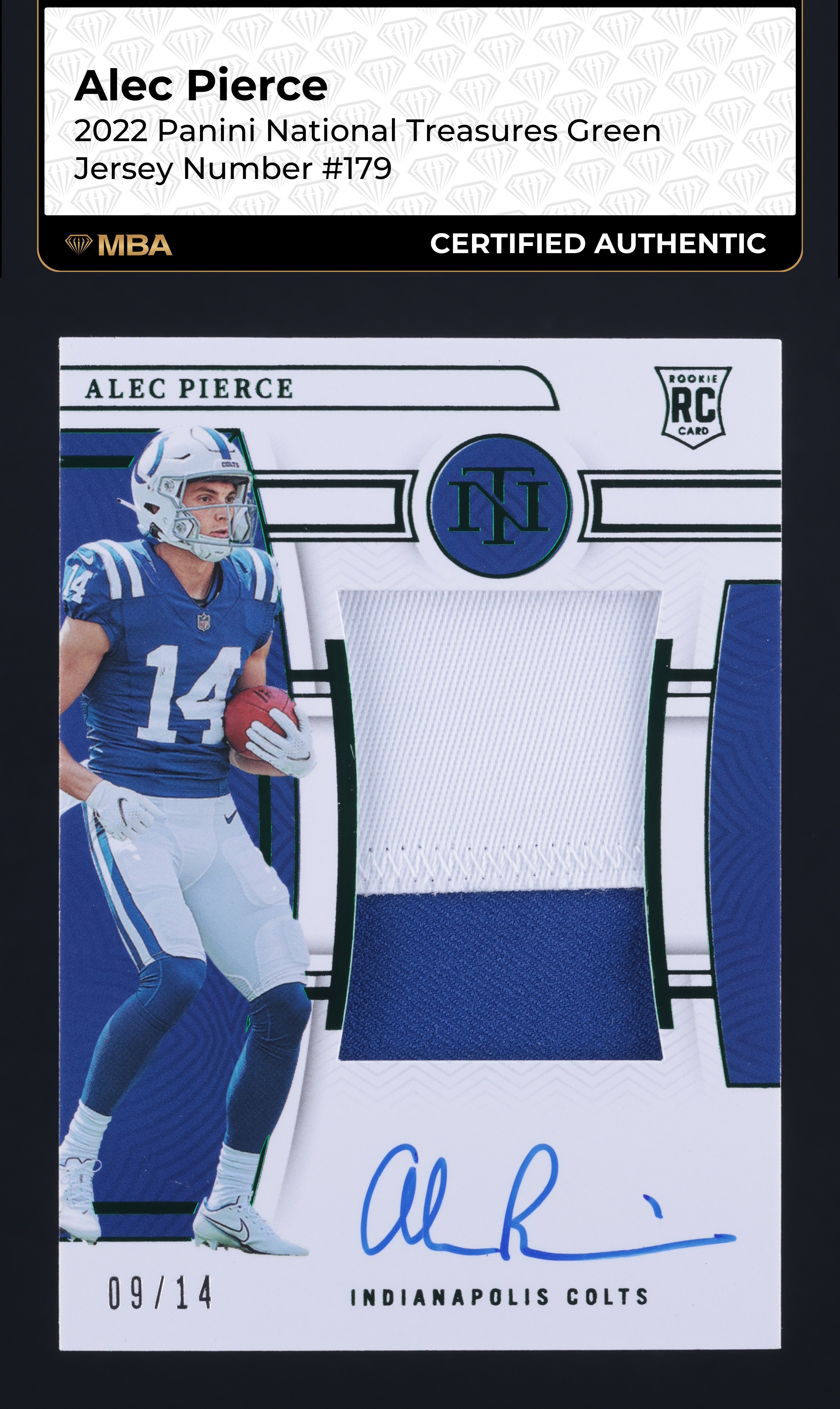 2022 National Treasures Green Alec Pierce ROOKIE PATCH AUTO /14 #179 MBA AUTH