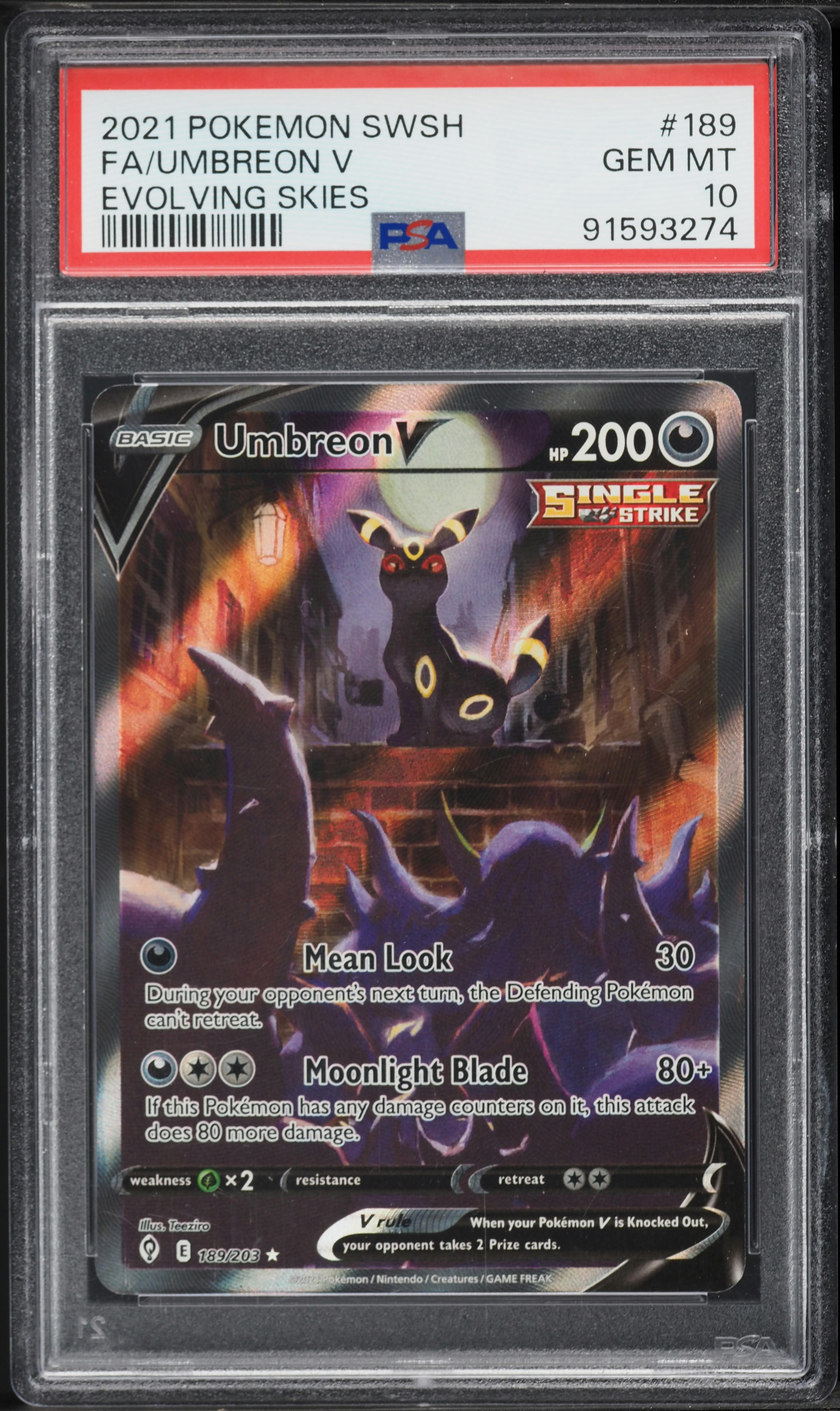 2021 Pokemon Sword & Shield Evolving Skies Alt Art Umbreon V #189 PSA 10 GEM MINT