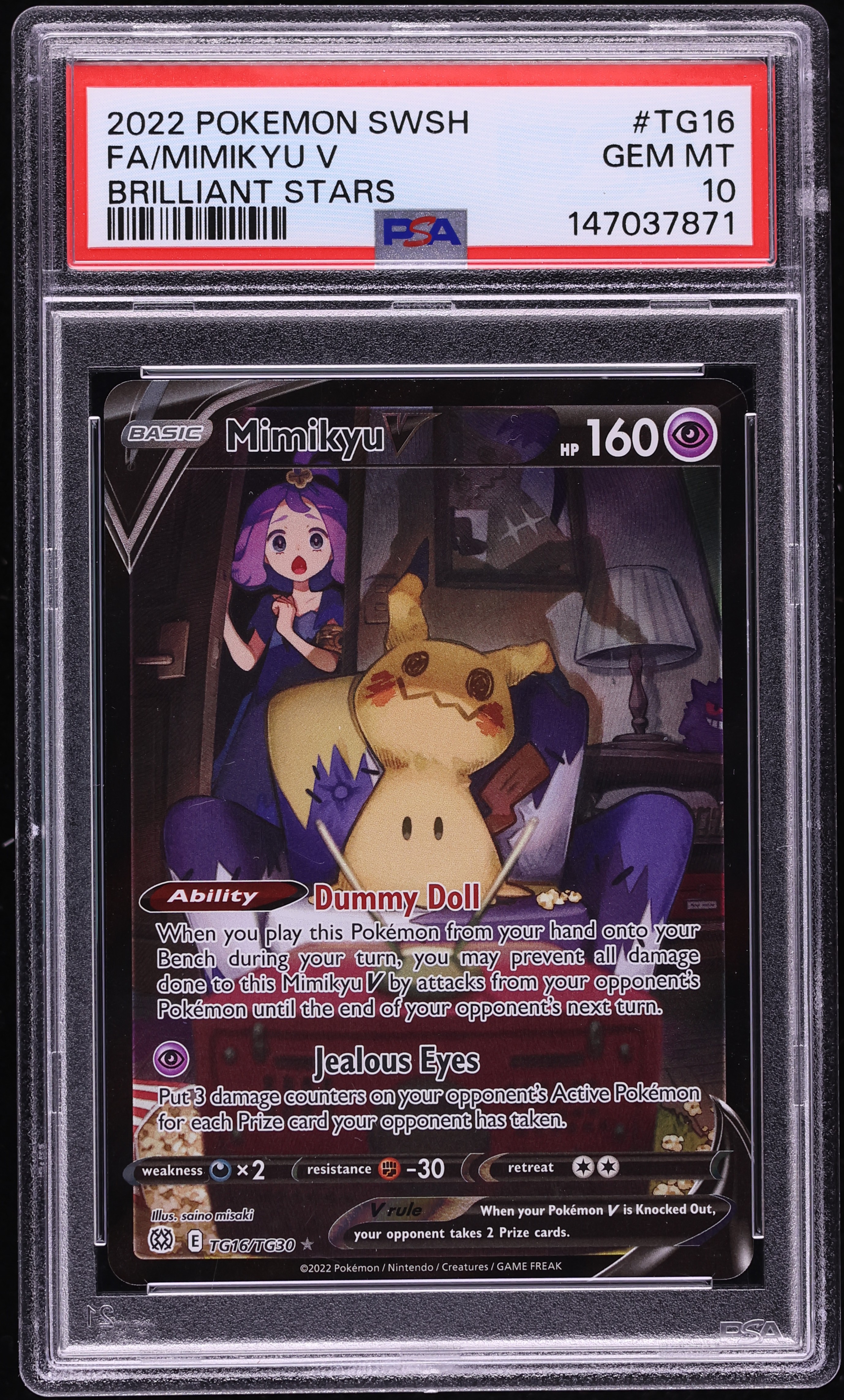 2022 Pokemon Sword & Shield Brilliant Stars Trainer Gallery CHR Mimikyu V #TG16 PSA 10 GEM MINT