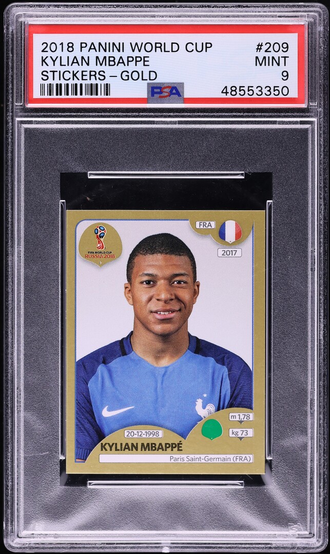 2018 Panini World Cup Stickers Gold Kylian Mbappe ROOKIE #209 PSA 9 MINT