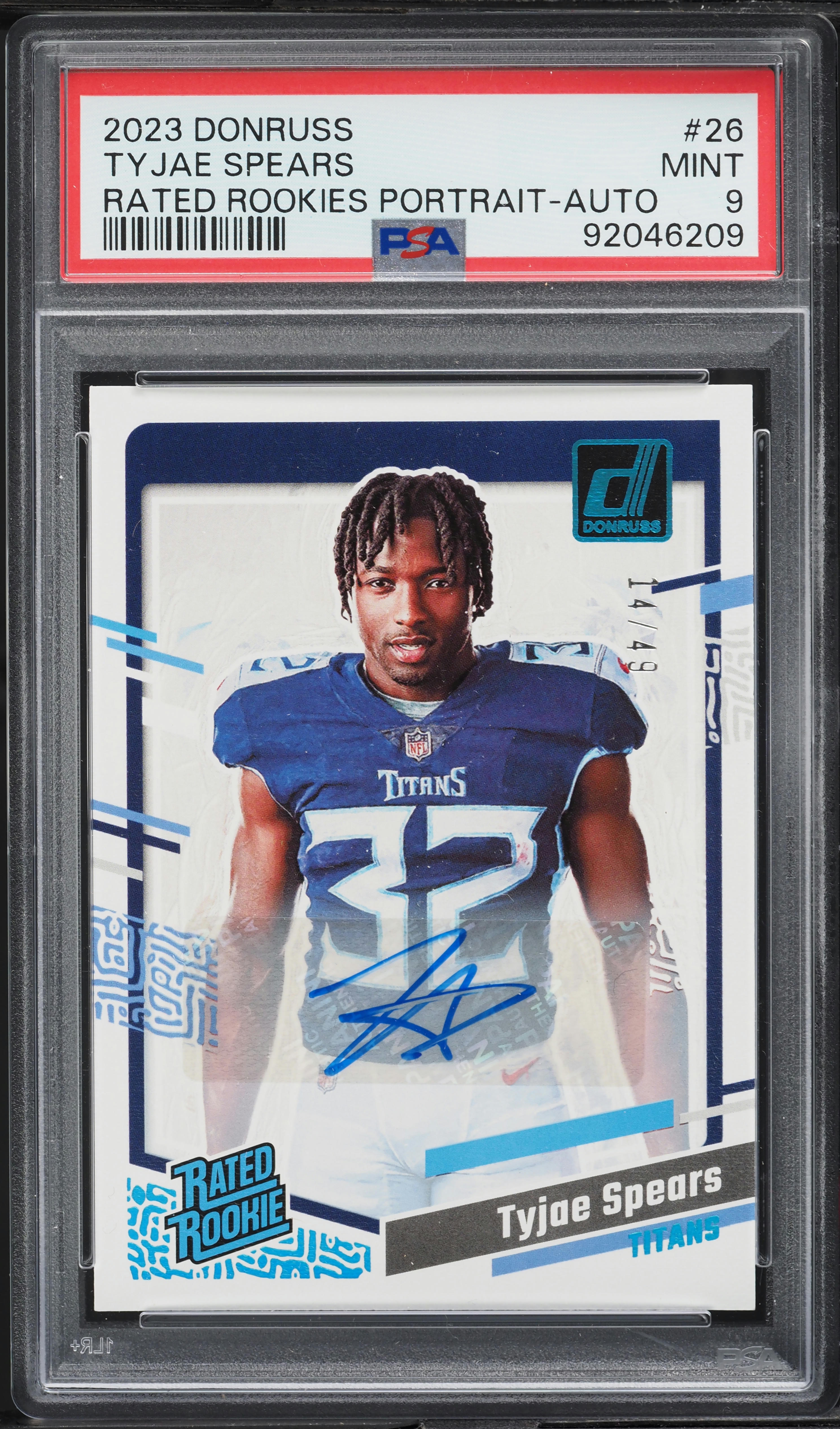 2023 Donruss Portrait Tyjae Spears ROOKIE AUTO /49 #26 PSA 9 MINT